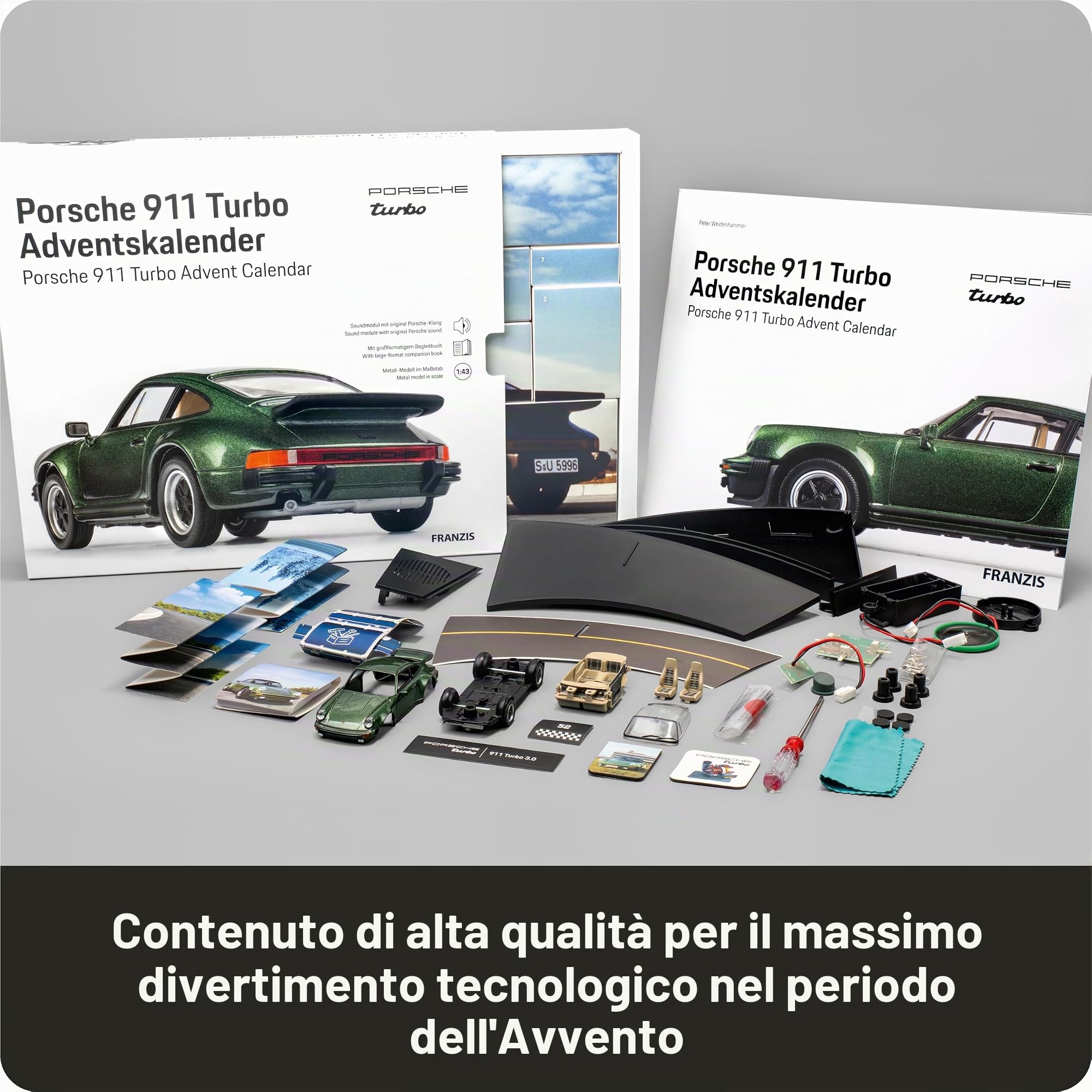 FRANZIS 67233 - Calendario dell'Avvento Porsche 911 Turbo, modello in scala 1:43, con modulo audio e libro di accompagnamento a 52 pagine