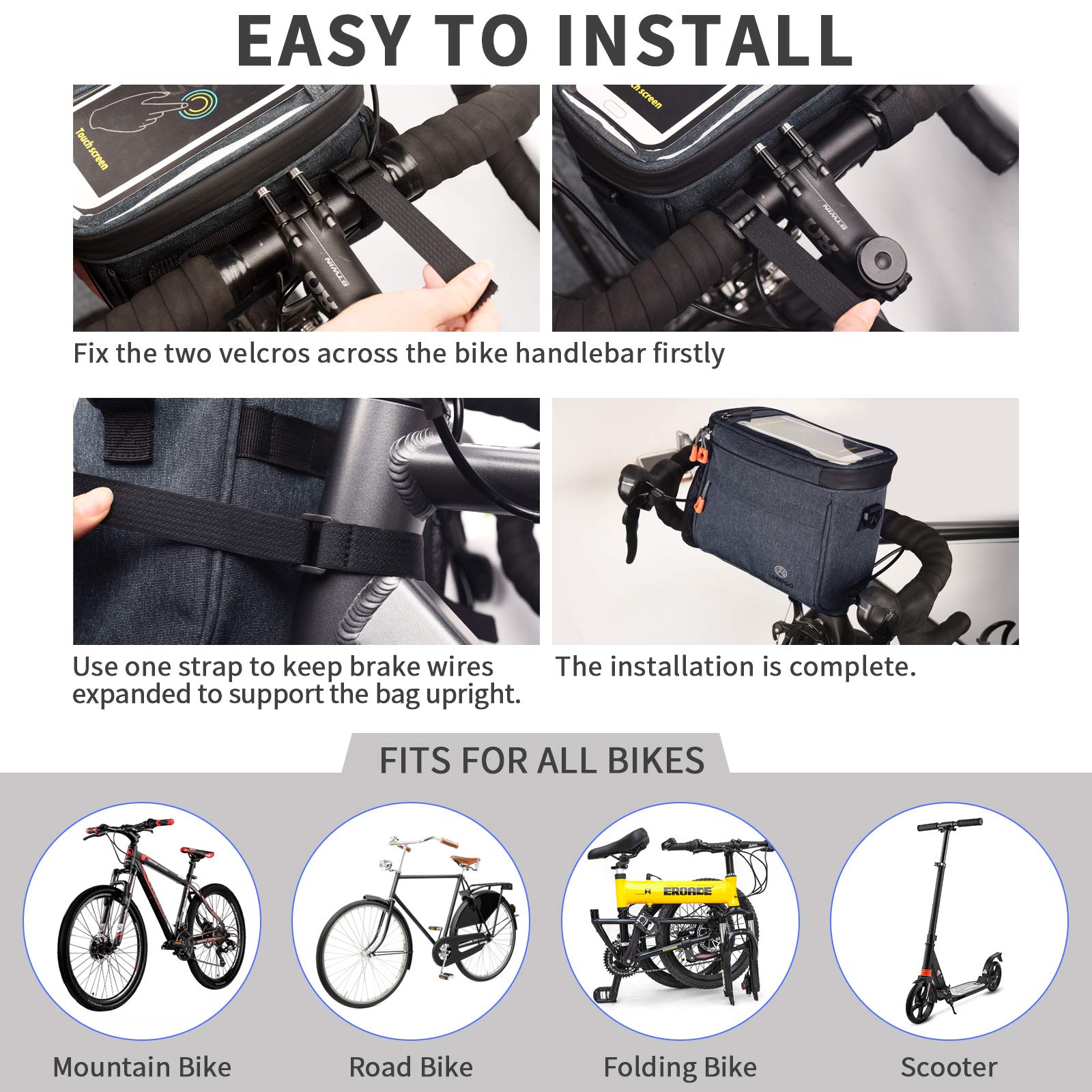 Borsa per manubrio da 4,2 l, impermeabile, con touchscreen, tasca anteriore per bicicletta, con tasca in rete, tasca frontale per bicicletta, supporto per cellulare con tracolla per tutti i telefoni