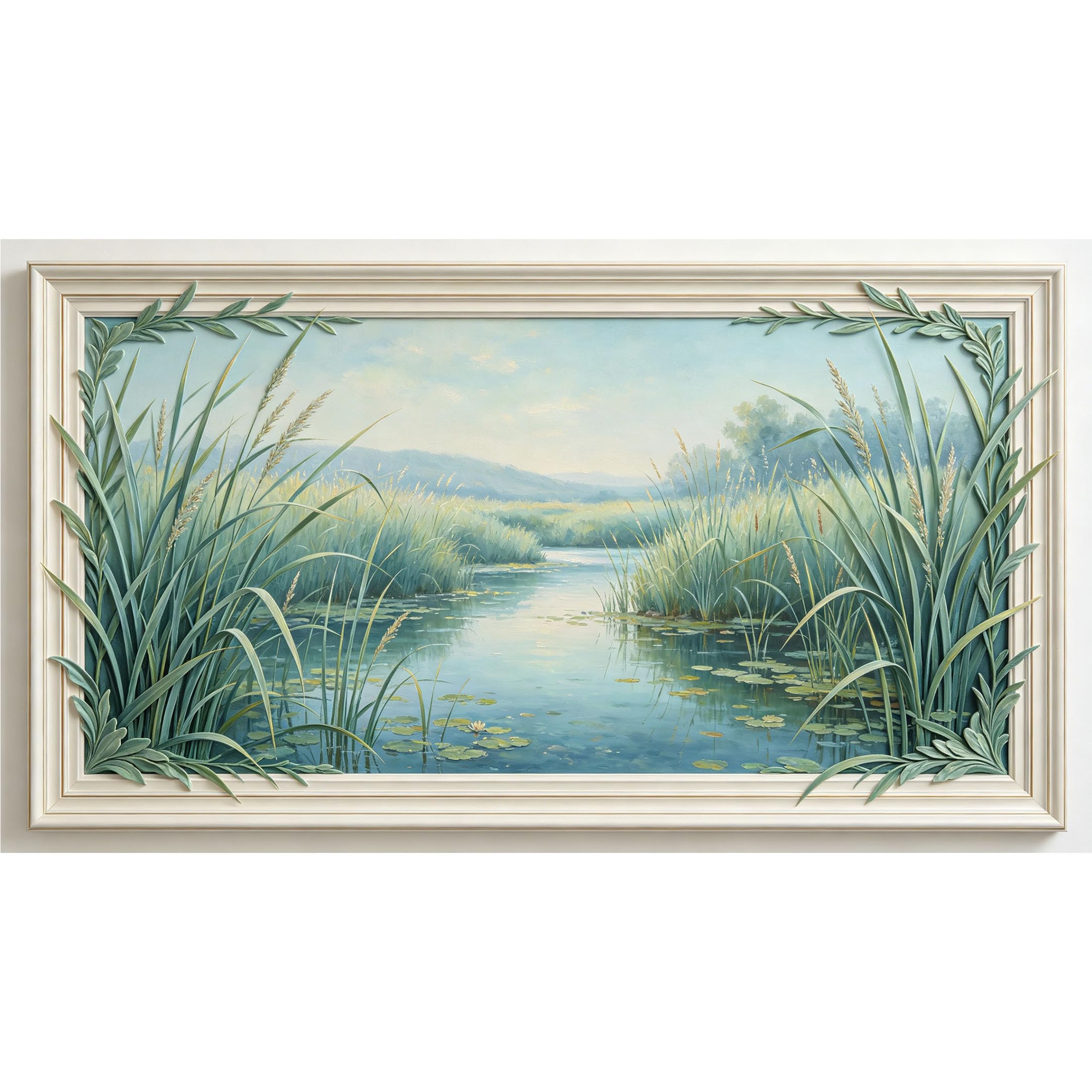 QZLITHOTIC 50x90cm3D Framed Wall Art， Lake Landscape Botanical Self‑Adhesive Mural， Water‑Activated Peel & Stick Fabric Decor Wall Decal for Bedroom Living Room