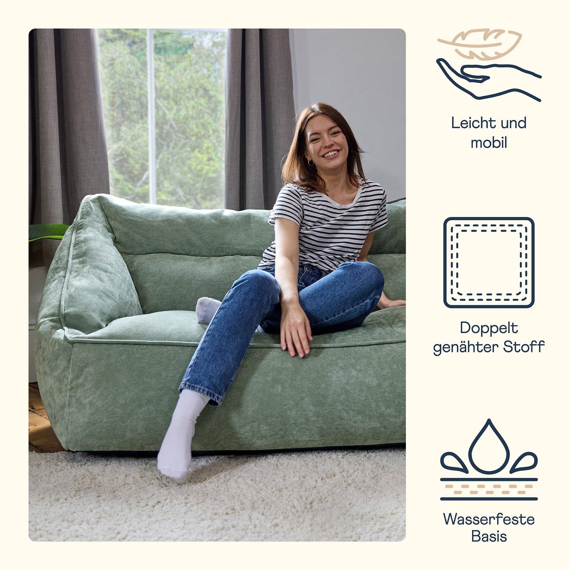 Icon Cecilia Sitzsack Sofa, Salbeigrün, Flauschiger Chenille Stoff, 2 Sitzer Sofa für Erwachsene, Riesensitzsack mit Füllung, Bequemer Sessel, Lounge, Wohnzimmer, Deko Wohnzimmer