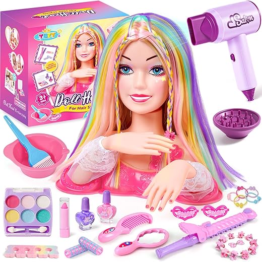 Toylink Doll Head for Hair Styling Kids Makeup Kit, 34Pcs Hair Salon Pretend Play Toys with Hairdryer Straightener Real Makeup Princess Accessories, Birthday Gifts for Girls 3 4 5 6 7 8