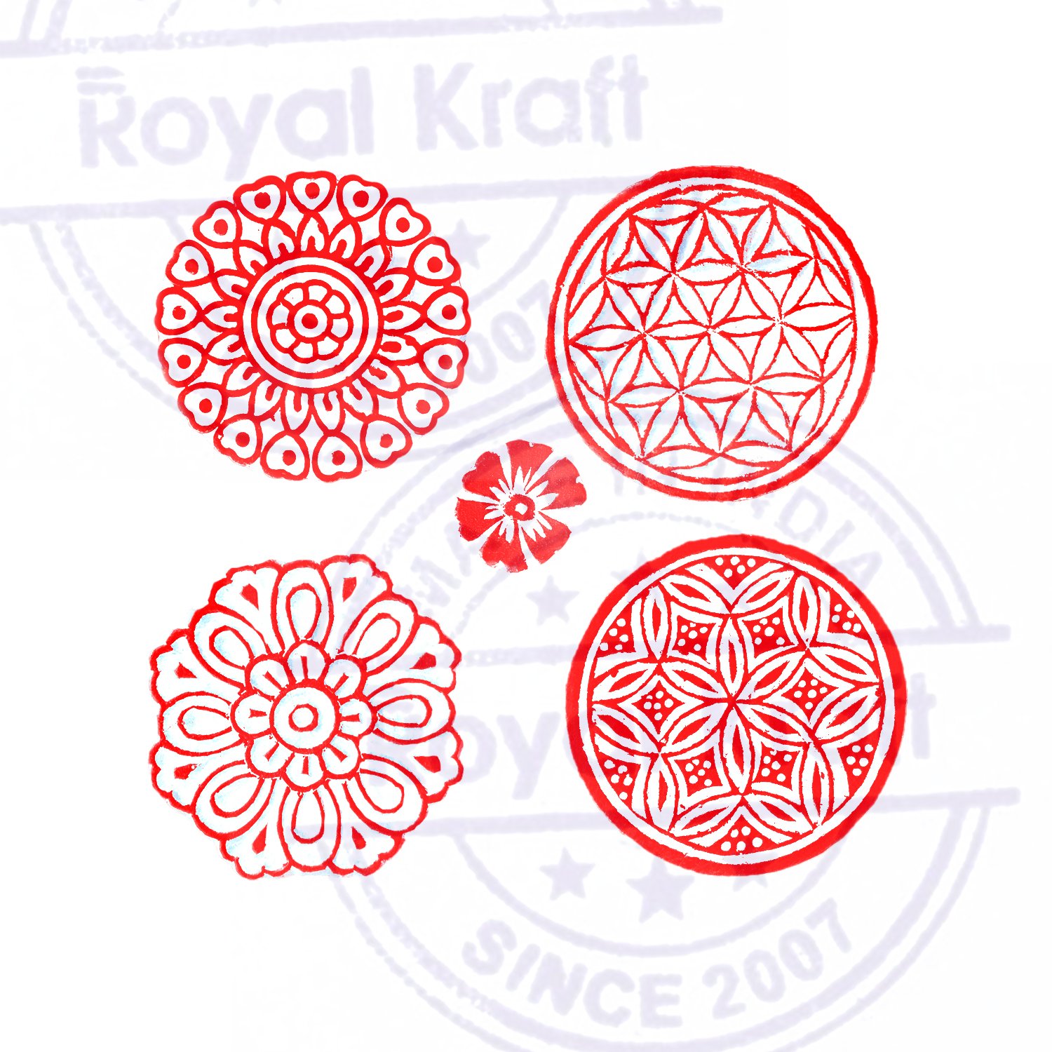 Royal Kraft Asian Designs Round and Flower Wood Print Stamps (Set of 5) 1