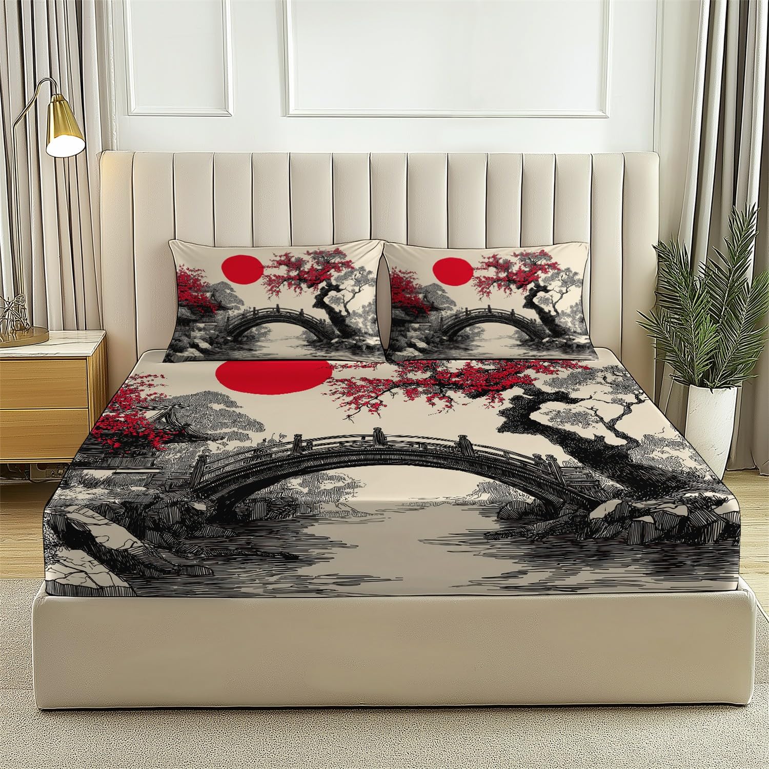 Spannbettlaken Schwarz Creme 140 x 200, Japanischer Stil Garten Brücke Spannbetttuch aus Mikrofaser, Extra Tiefe 30 cm, Weich Atmungsaktiv für Doppelbett