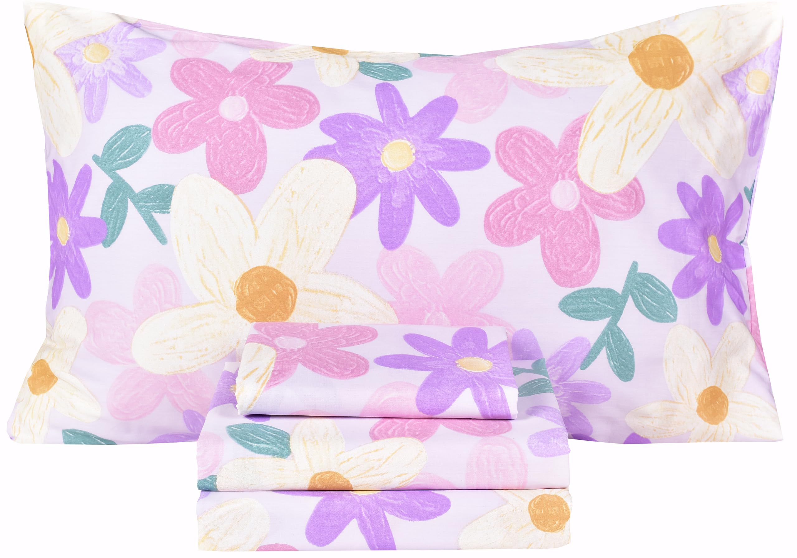 Scientific Sleep Purple Flower Painting Girls 100% Cotton 4 Pcs Full Bed Sheet Set Kids Toddler Teen, Flat Sheet &amp; Fitted Sheet &amp; Pillowcase Kids Bedding Set (Floret, Full)