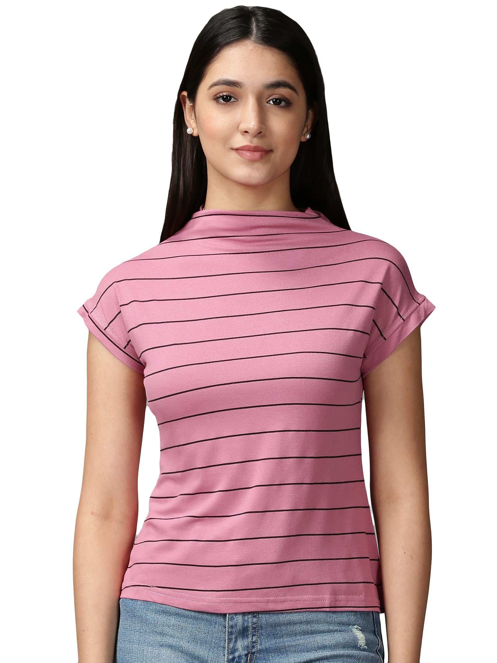 Women's Short Sleeves High Neck Mauve Striped Top-AE-10453_Mauve