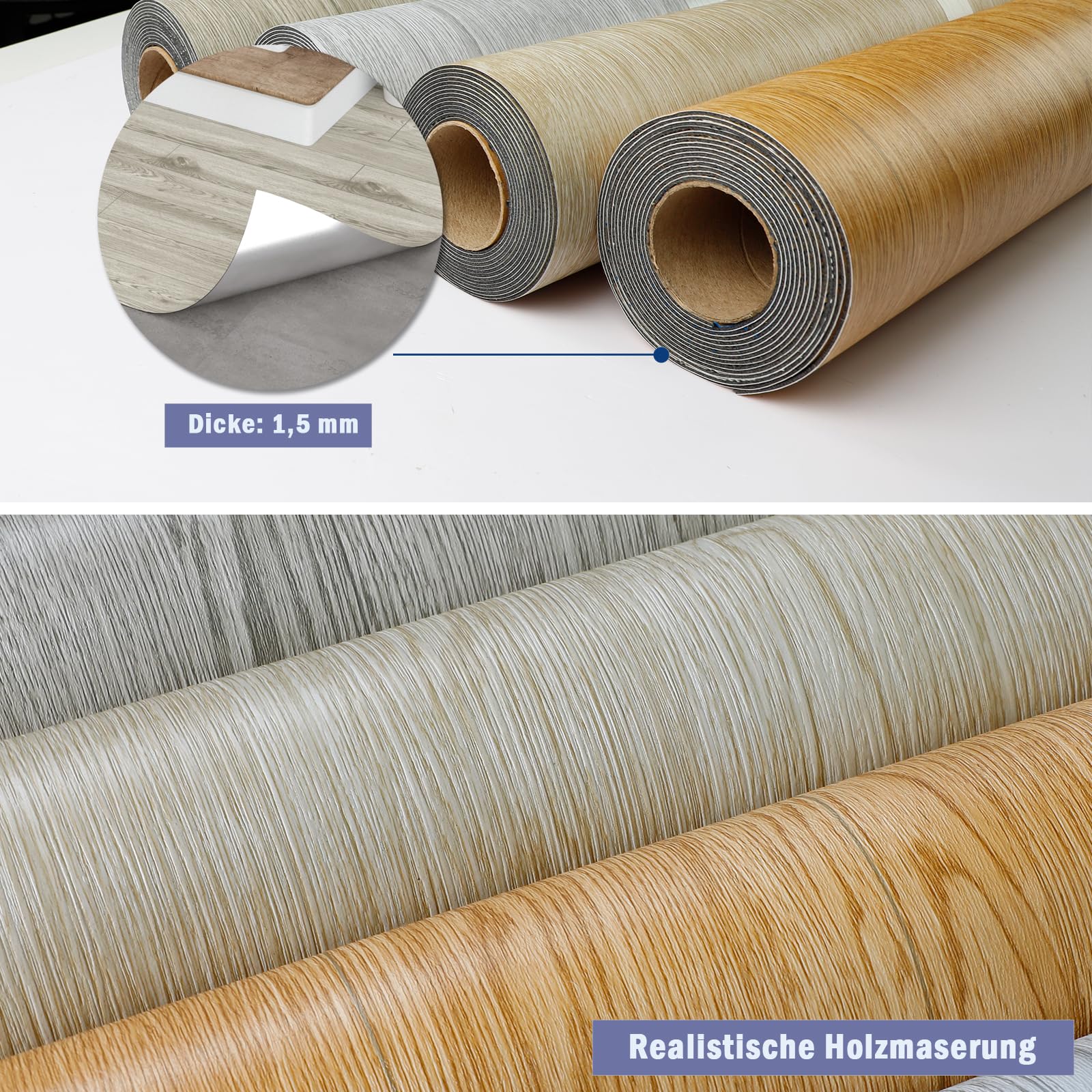 Oxdigi PVC Bodenbelag Selbstklebende 3m², Holzoptik Vinylboden Bodenfliesen, Verdickende Bodenaufkleber für Eingangstür, Wohnzimmer, Küche, DIY Zuschneidbar Vinyl-Fußböden 60x500 cm