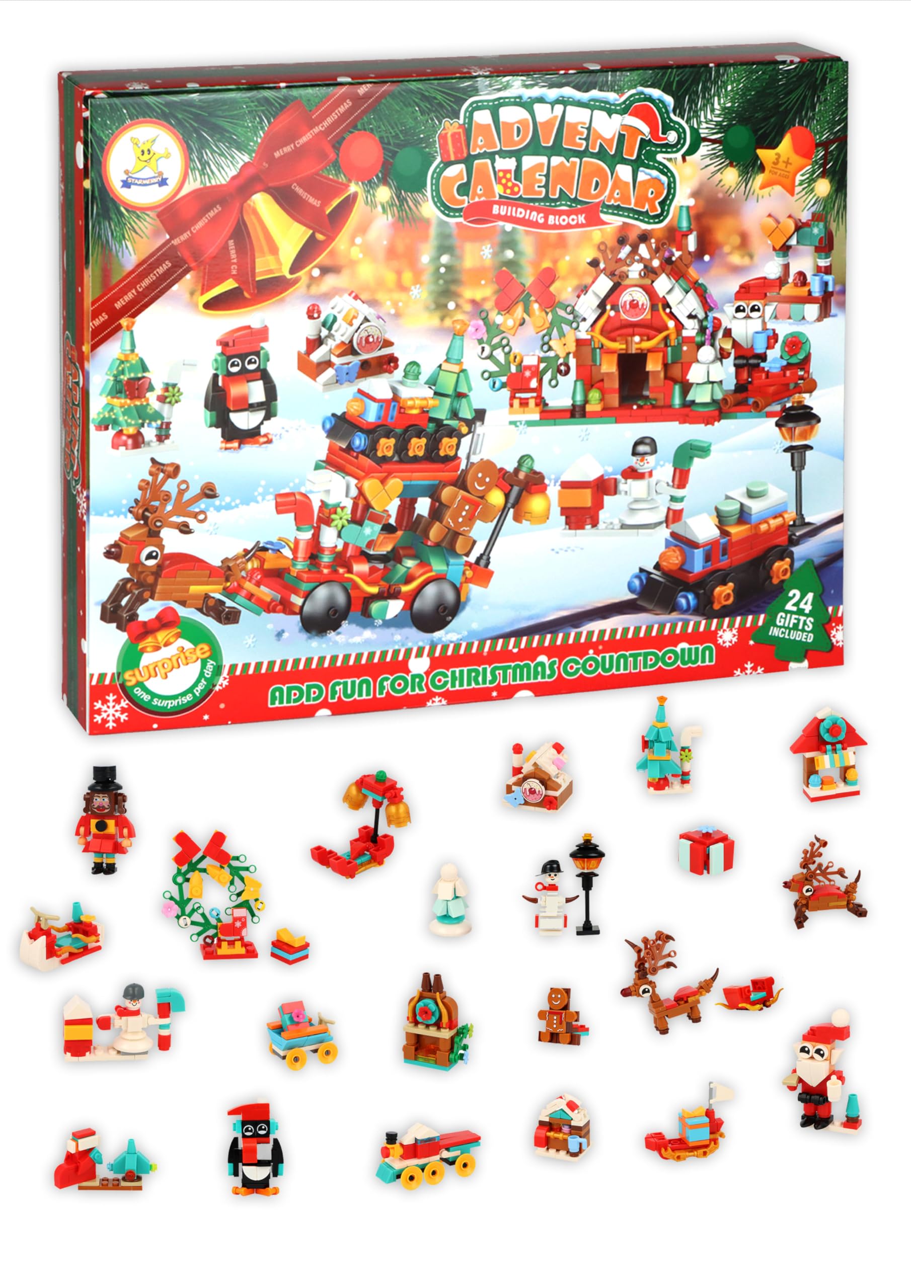 Henbrandt Christmas Advent Calendar Building Block Set - 24 Festive Buildable Toys Interactive Holiday Countdown Gift for Kids Ages 6-12