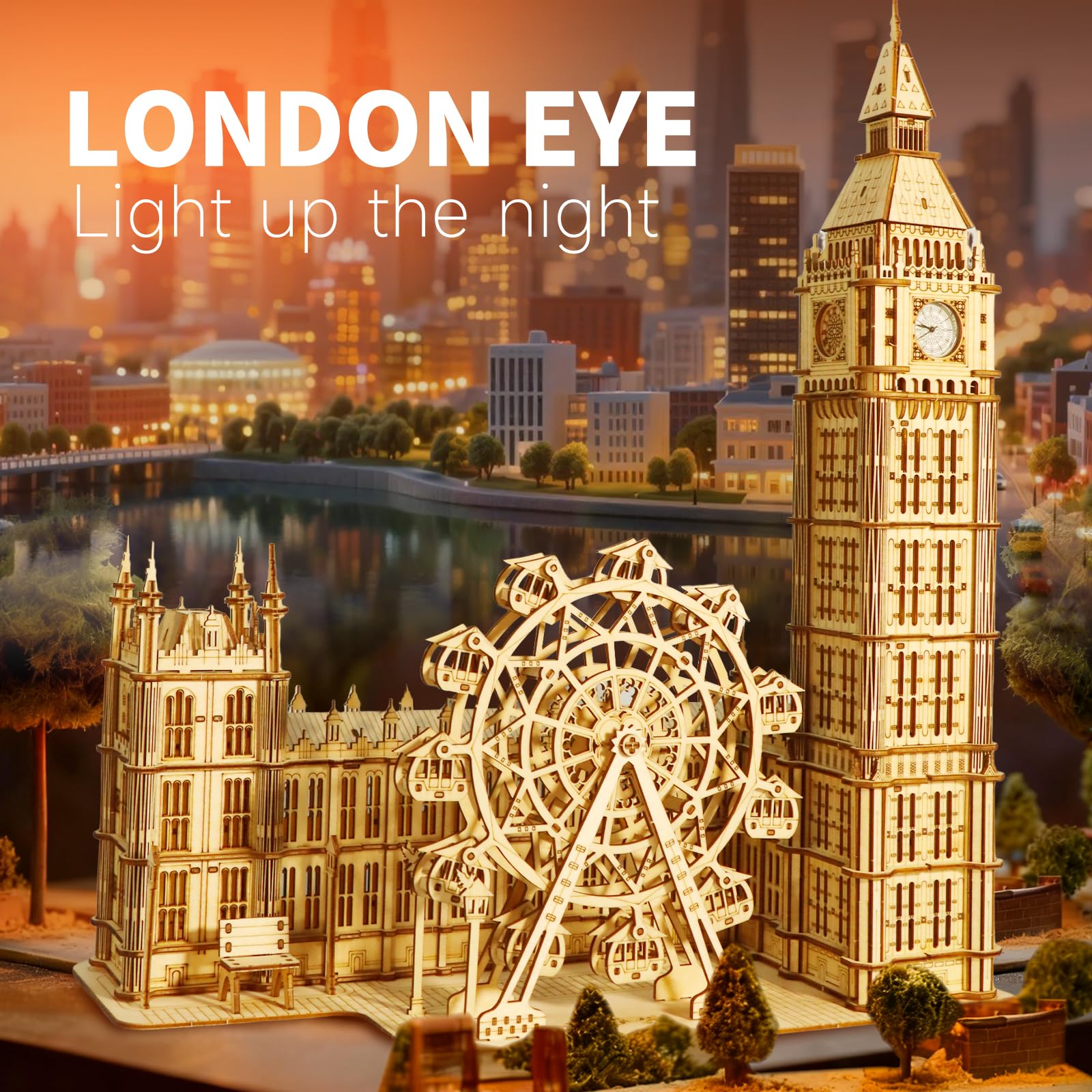 Music Park Puzzle 3D Adulto Big Ben in Legno con Luci LED Orologio Funzionante Modellino da Costruire con Ruota Panoramica, Gioco di Costruzione Decorativo, Regalo Elegante per Appassionati