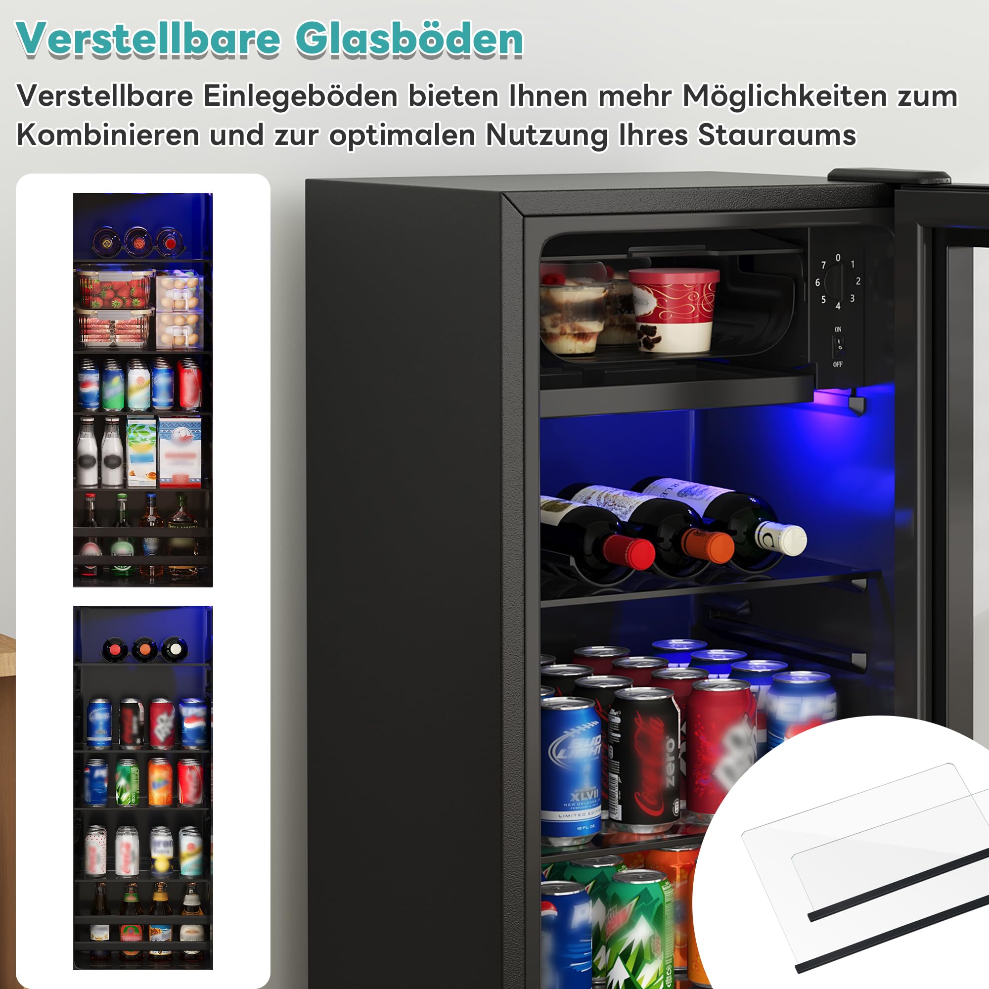 Merax Frigorifero 128L, freestanding, refrigeratore per bevande con frigorifero da 120 L + congelatore da 8 l, con illuminazione interna a LED e ripiani regolabili, super silenzioso per ristorante,