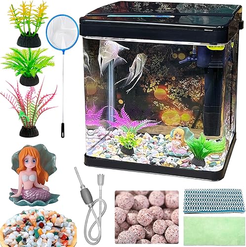 SANOSY Tanque de peces de vidrio de 2.3 galones, kit de inicio de acuario pequeño Betta Fish Tank Desktop Mini pecera para camarones pequeños con