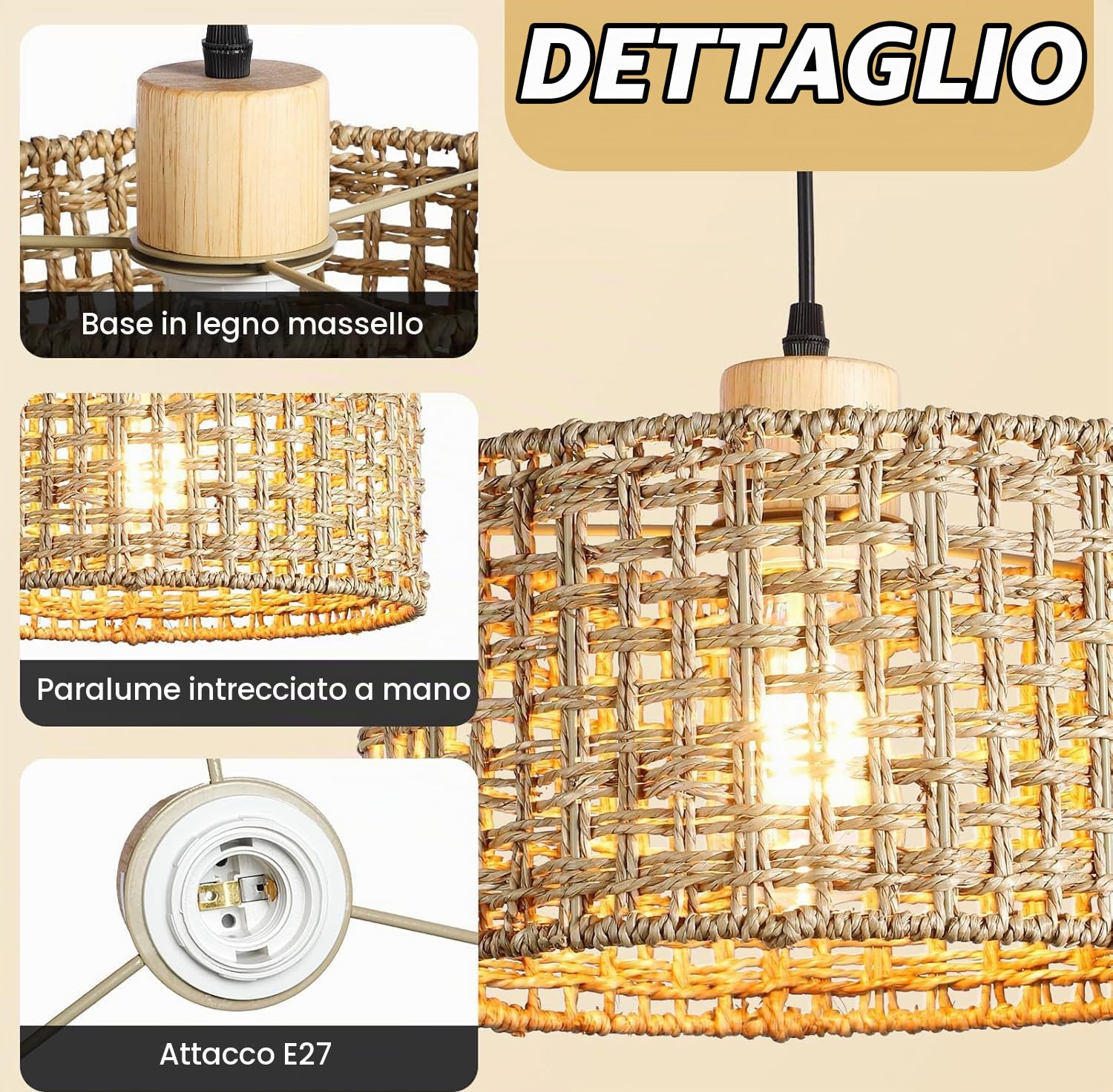 Lampada a sospensione in rattan intrecciato a mano, 30 cm, 1 luci, lampadario per soggiorno, fattoria E27, decorazione Boho per interni, per cucina, camera da letto, soggiorno, sala da