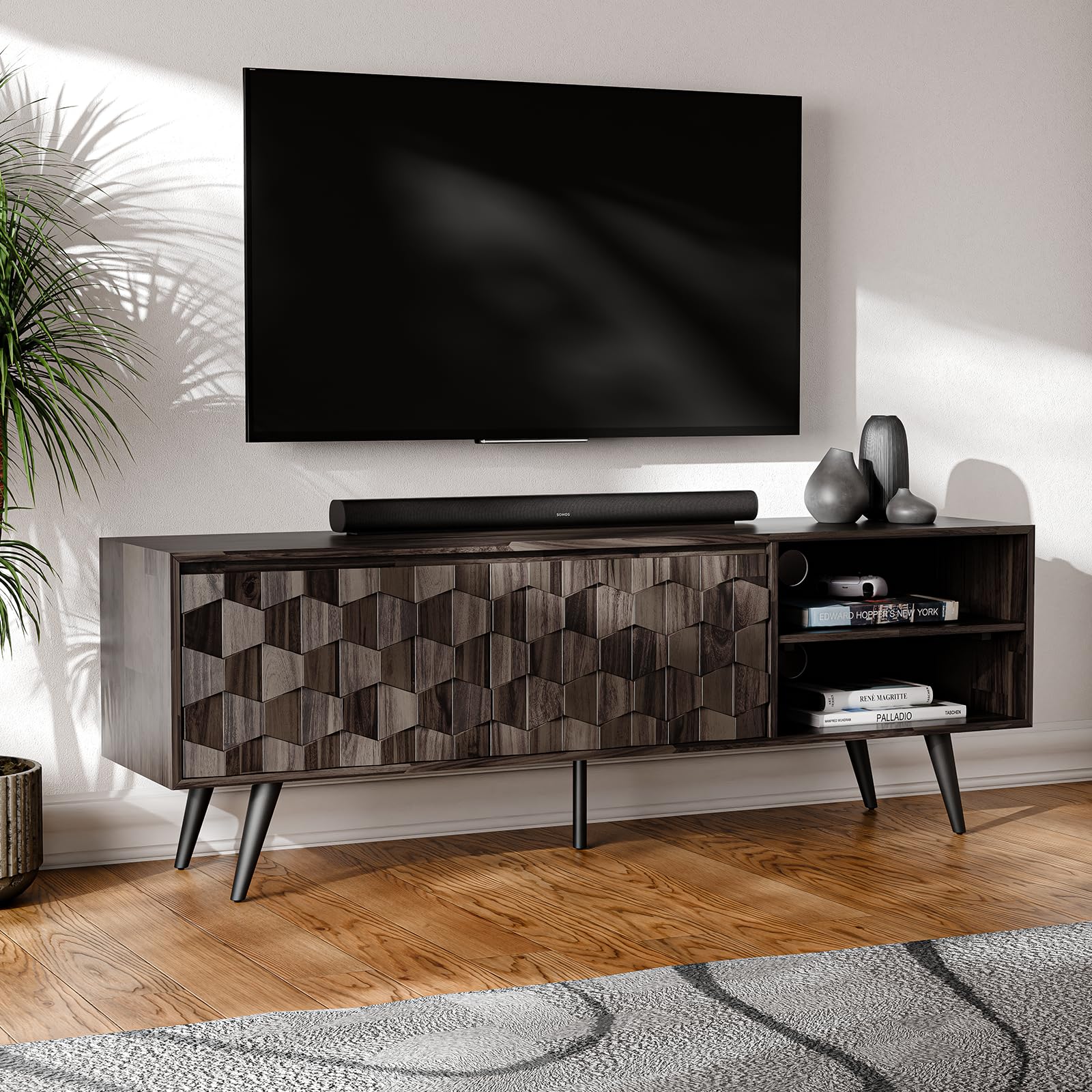 Bme Georgina 65-Inch Solid Acacia Wood TV Stand, Quick Assembly Entertainment Center with Storage, Geometric Pattern Console for Living Room, Bedroom,