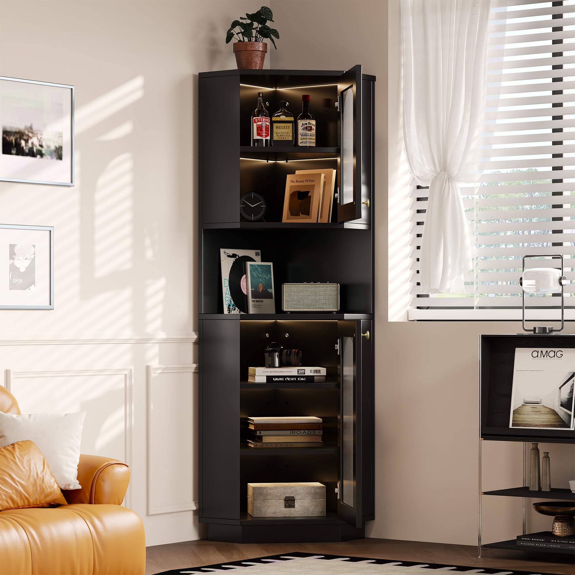 Merax Meuble de coin avec éclairage LED - Étagère d'angle avec 2 compartiments de rangement, meuble de salle de bain avec étagères réglables, pour salon, salle de bain, Noir, 45x45x166,5 cm