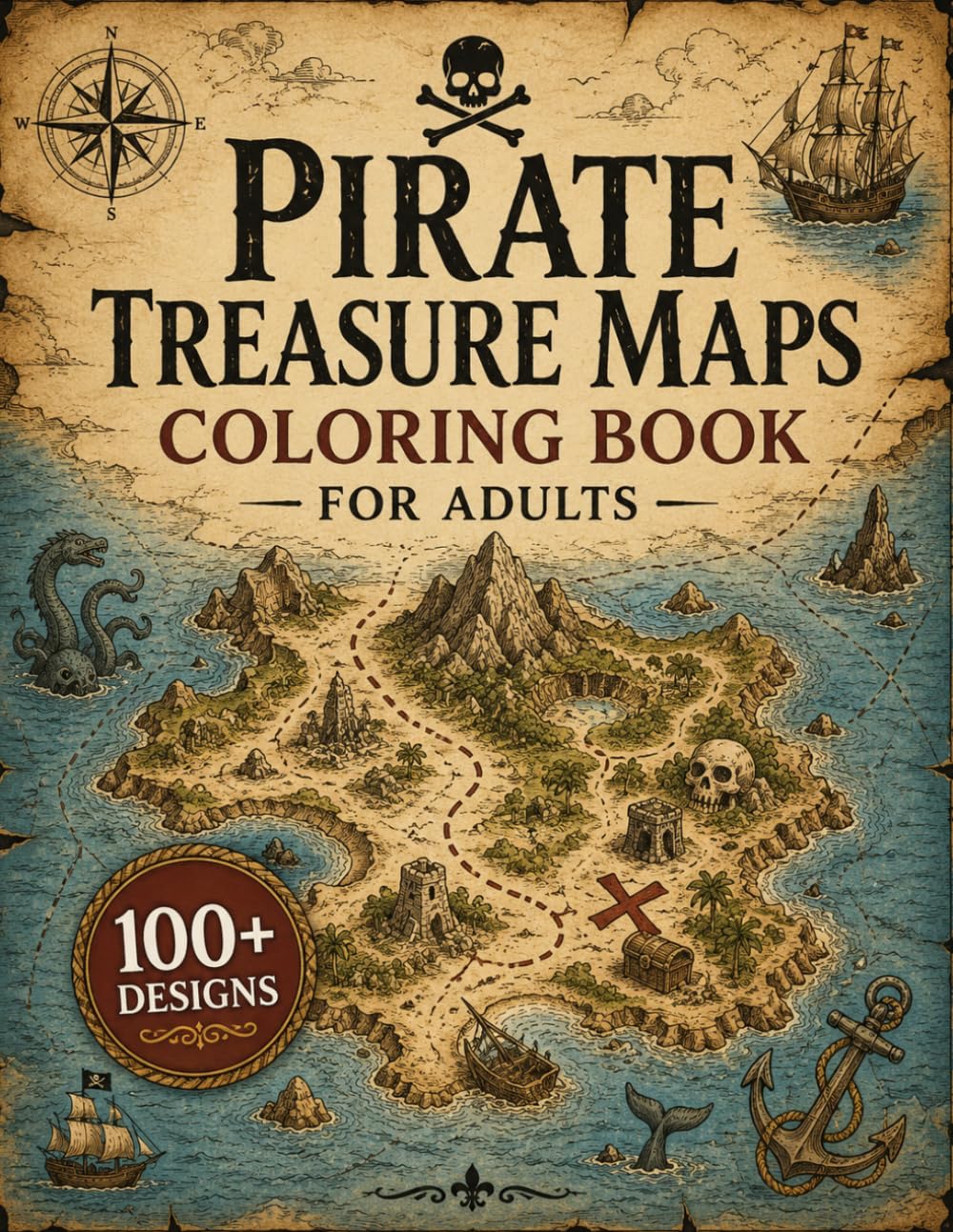 Pirate Treasure Maps Coloring Book for Adults: 100+ Pirate Treasure Maps, Secret Islands, Hidden Coves, Ancient Shipwrecks, Lost Fortresses, Forgotten ... (The Fantasy Cartography Collection)