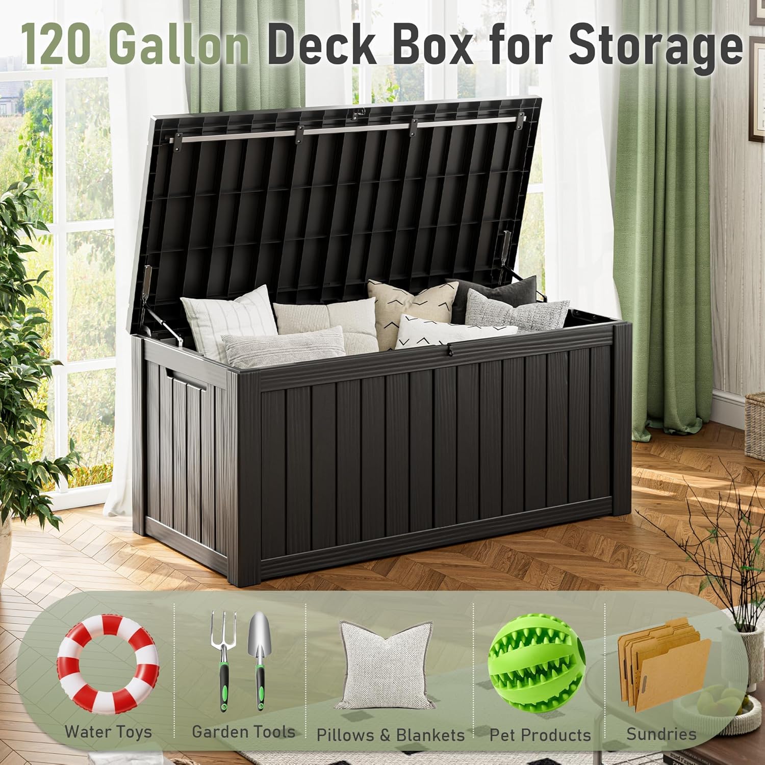 Image showing the KAMABOKO deck box filled with various items like water toys, garden tools, pillows, blankets, pet products, and sundries.