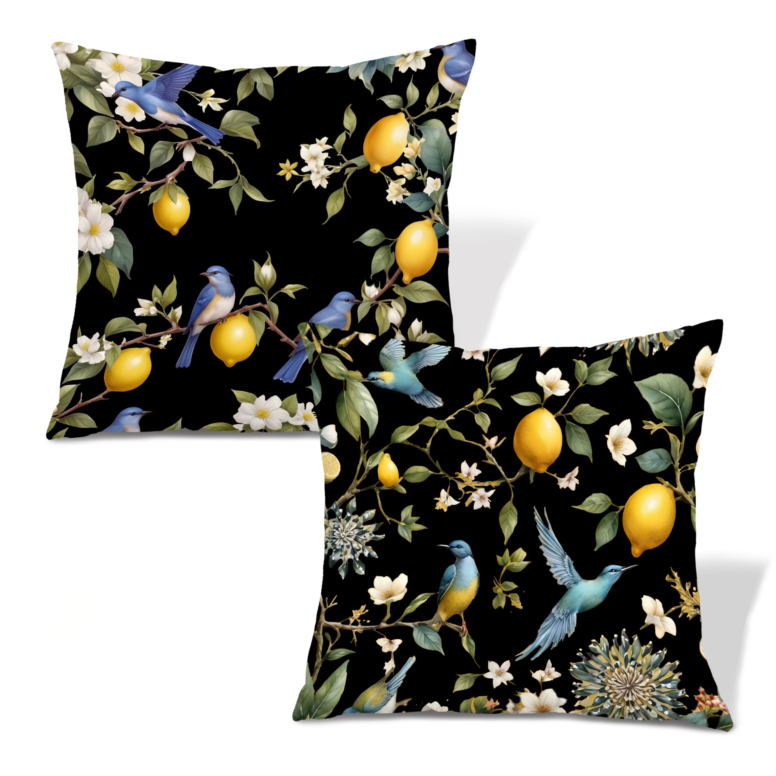 XUNLURY Rustic Black Lemon Bird Floral Pillow Covers 18x18 Inch Set of 2 Vintage Lemon Cottagecore Nature Bird