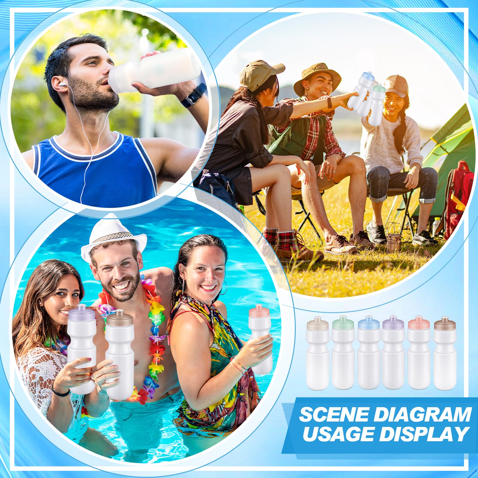 Nitial 24 Stück Sport-Wasserflaschen, Großpackung, 625 ml, wiederverwendbare Sport-Wasserflaschen, blanko, Kunststoff-Wasserflaschen mit Zugverschluss, für Erwachsene, Sport, Fitness, Fahrrad