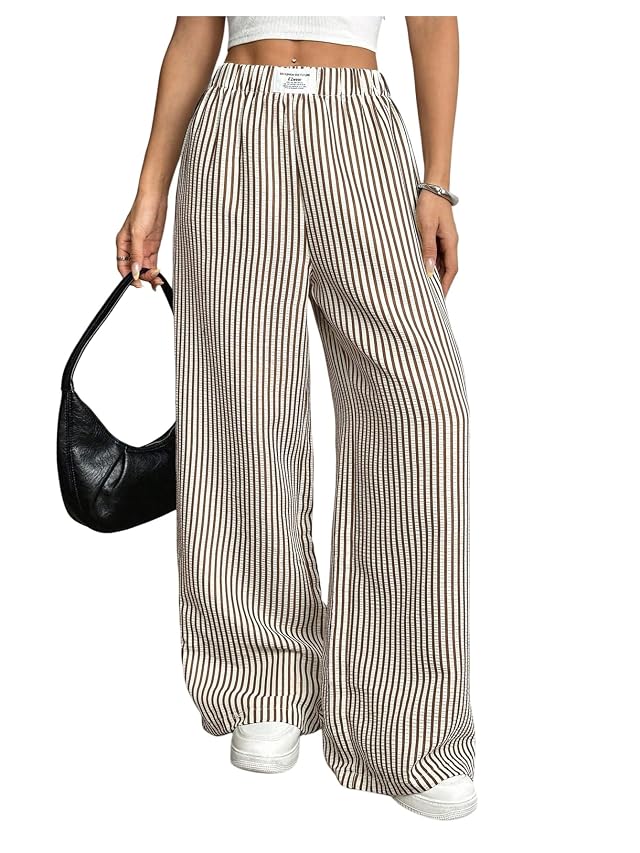SHENHE Womens Striped Wide Leg Pants Elastic High Waist Casual Baggy Pants Travel Trousers