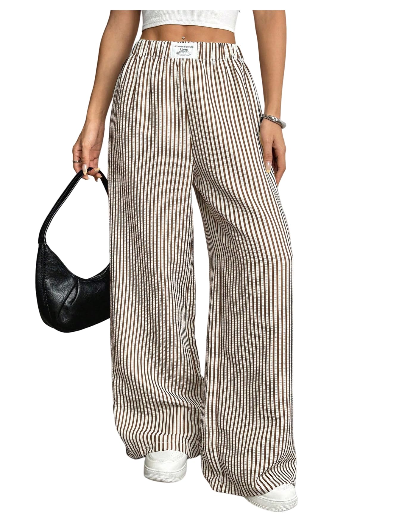 SHENHE Womens Striped Wide Leg Pants Elastic High Waist Casual Baggy Pants Travel Trousers