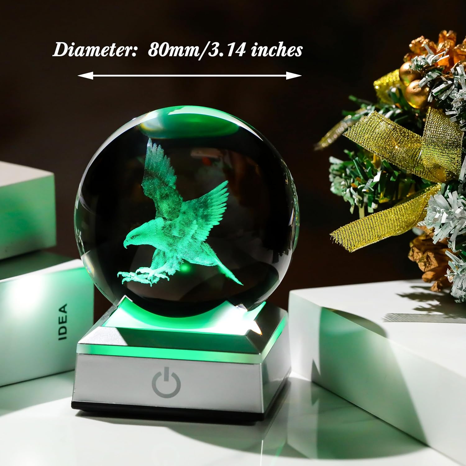 3D Laser-Engraved Eagle Crystal Ball Figurine Gifts with Colorful LED Base - 3.15" Eagles Statue Gifts for Men Women Glass Bald Eagle Gifts Decor for Mothers Day Birthday Christmas Office Desk Lamp