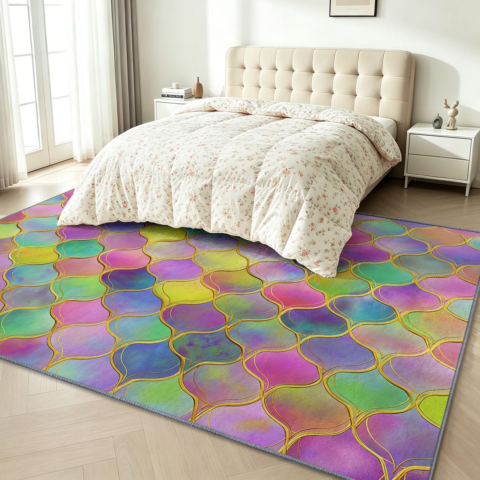 Fantasy Grid - Alfombra antideslizante para sala de estar, 80 x 150 cm, alfombra de suelo de sirena, escamas de semicírculo, lavable, alfombra de pelo bajo para salón, dormitorio, comedor