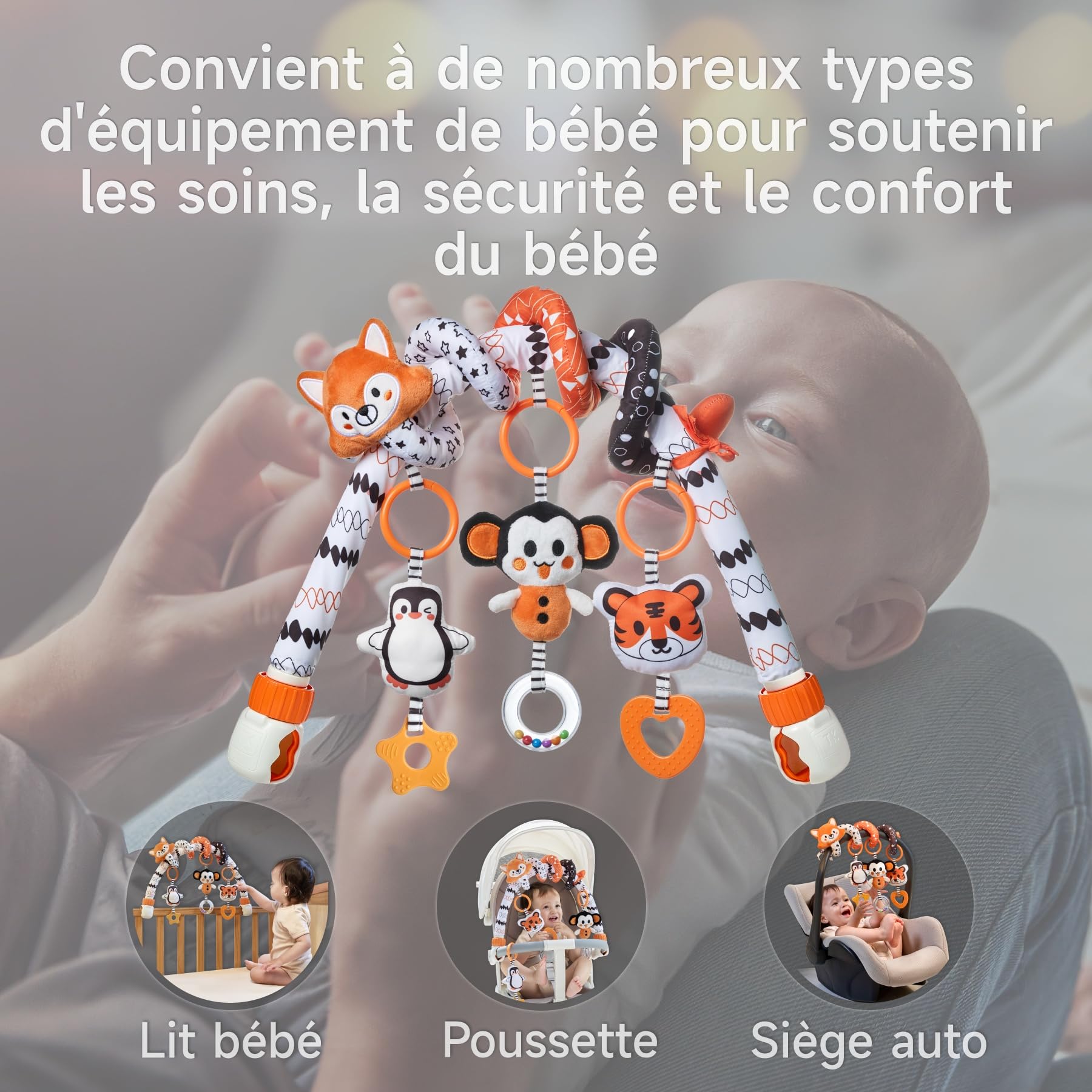 TUMAM 2 en 1 Spirale D'activité Bébé Avec Arche Eveil Jouet Poussette Pour Bebe 0 3 6 9 Mois, Jeux Eveil Suspendre Avec Hochet Et Anneaux De Dentition Pour Auto, Stroller Arch, Berceau, Peluche Cadeau