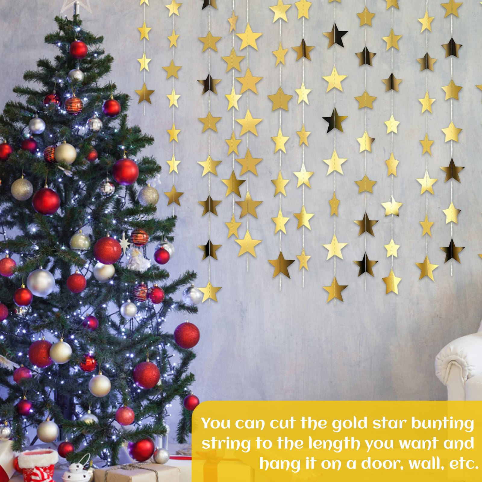 Star Garland, Gold Star Garland with 33 Reflective Stars, 52 Feet Hanging Stars Decorations for Party Wedding, Home Decor - Image 4