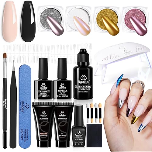 Beetles Poly Nail Extension Gel Kit with UV Lamp, 2 Neutral Colors Black Pink Nude UV Building Gel Manicure Set with 4 Jars Glitter Chrome Nail Powder Top Base Coat Easy DIY Nail Art Design Home
