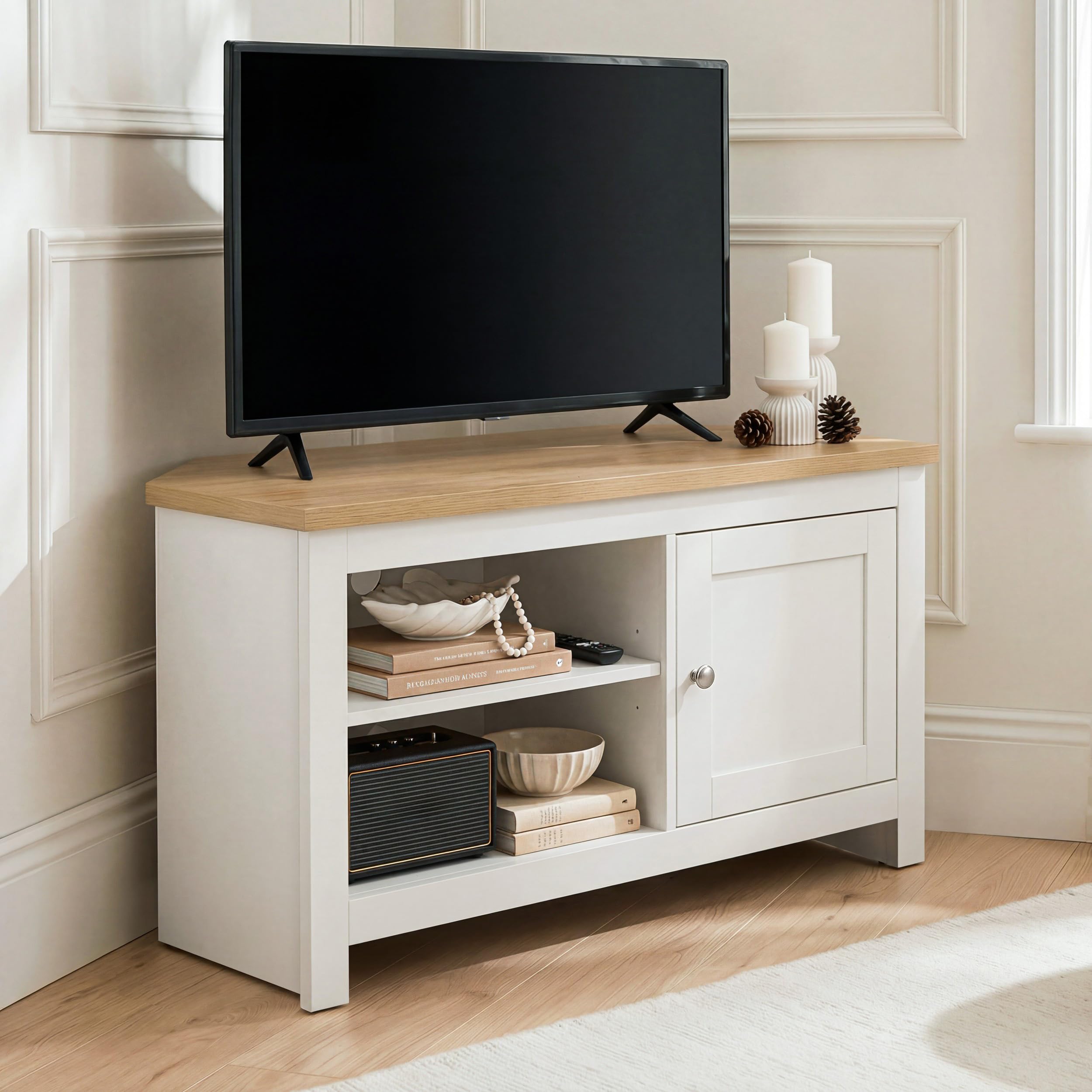 Blisswood Corner TV Unit for 35–40 Inch TVs, Space Saving TV Stand Cabinet with Storage, Adjustable Shelves, Soft Close Door, Oak Effect Top, Wooden Entertainment Unit for Living Room Bedroom, White — image 1