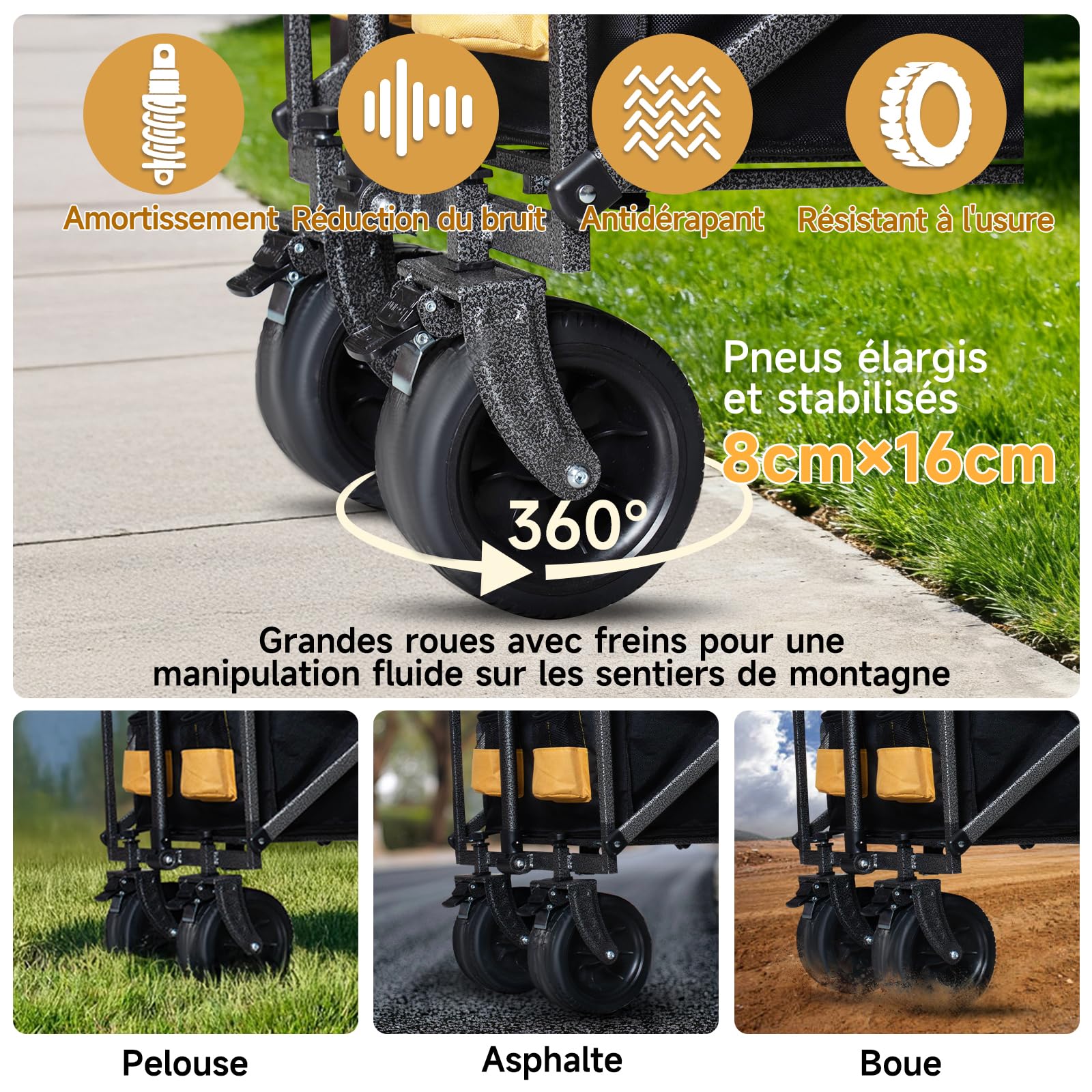 Chariot Pliable avec Roues Tout Terrain,Capacité de Charge 220 kg/270 kg, Chariot de Transport Multifonction pour Plage，Jardin, Camping, Pêche et Barbecue (Noir et Jaune, Grande Taille)