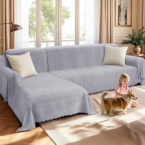 Miniatura 13 de HDCAXKJ - Fundas de sofá de chenilla para sofá seccional, manta de sofá en forma de L con borlas, 2 piezas de fundas deslizantes seccionales en Gris