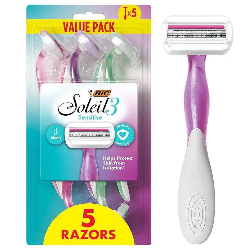 BIC Soleil 3 Sensitive Aparelhos de Barbear Descartáveis com 3 Lâminas, Pacote com 5