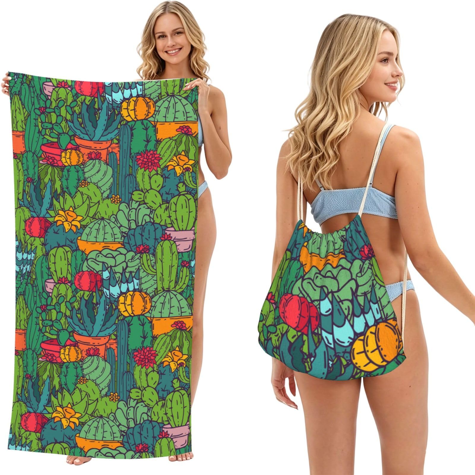 Poadnly As Picture Succulents Cacti Green Plants Cactus, 2 In 1 Packable Towel Bag, Beach Towels With Drawstring Backpack For Travel Holiday Camping
