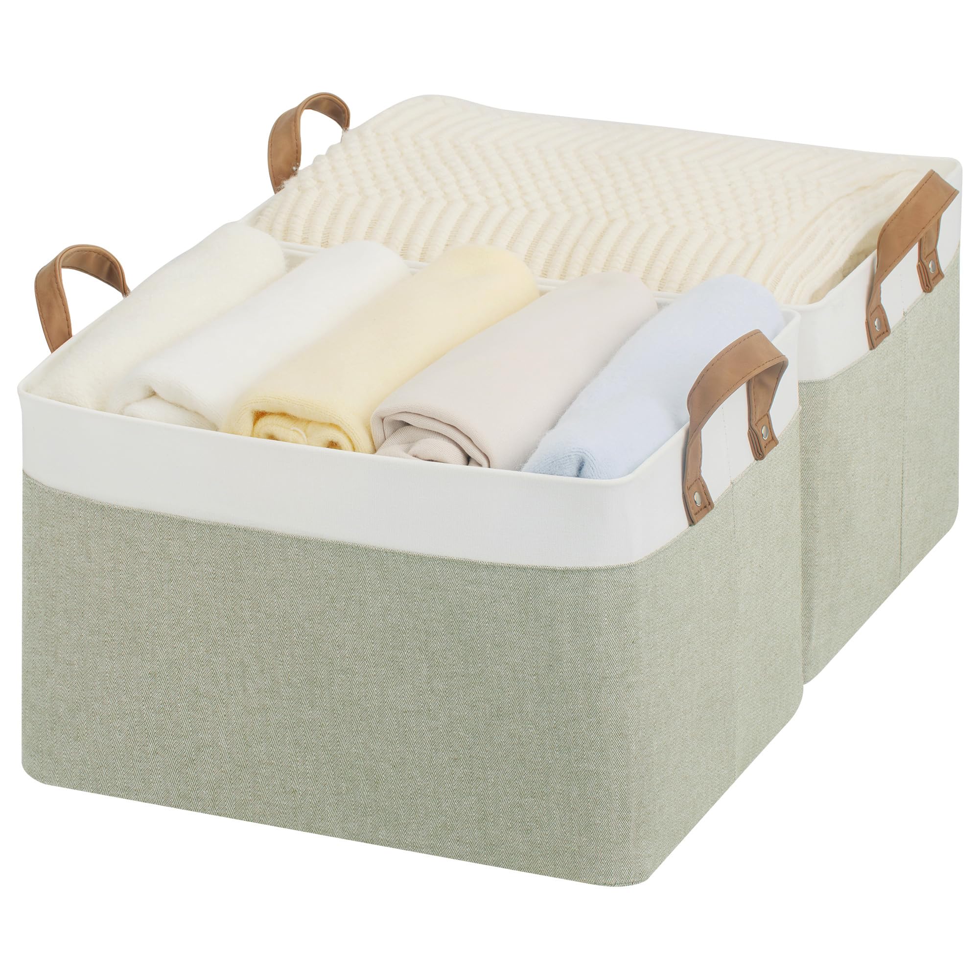 storageworks storage bins, fabric storage bins for shelves, large storage baskets with metal frame, closet baskets and bins with handles, green and white, 2-pack