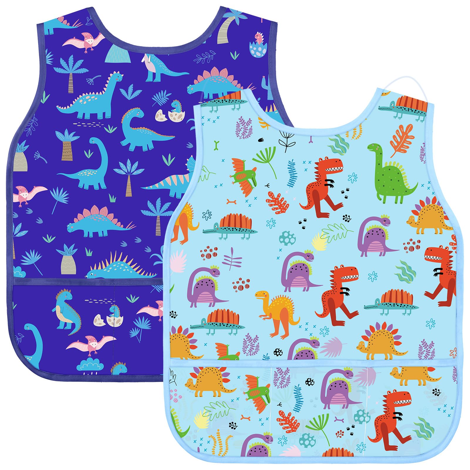 Partideal 2 Pcs Art Smocks for Kids Waterproof Artist Painting Aprons Toddler Sleeveless Children Painting Smock Kids Apron with 3 Pockets for Age 3-8 Years,Blue Dinosaurs