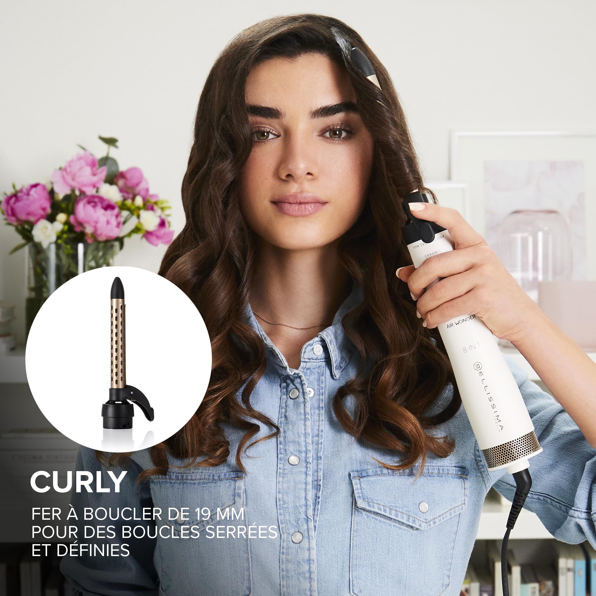 Bellissima Brosse Soufflante Ionique Air Wonder - Brosse Chauffante Brushing, Brosses en Céramique, Enduites de Kératine - 2 Températures et Air Frais - Sèche, Volume, 8 Accessoires Inclus, 1000 W