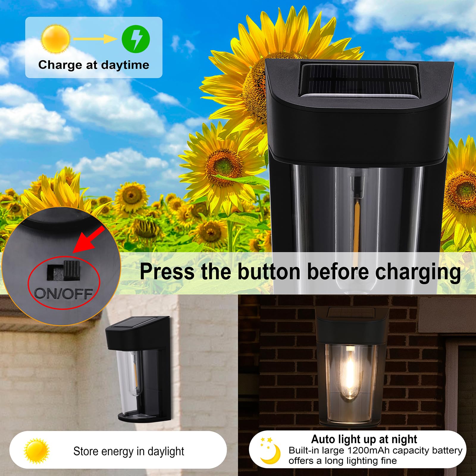 ivSunTEK Solar Wall Lights - Vintage-Style Outdoor Sconces with Super Bright Solar Power, Waterproof LED Wall Lamps, Auto On/Off, Eco-Friendly Garden Lights (4 Pack)