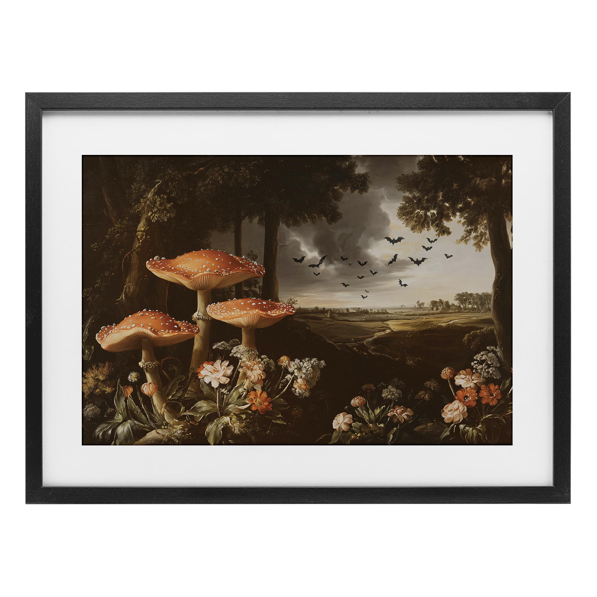 Stupell Industries Midnight Black (Textured) Bats In Autumn Forest Mystery, 17 X 23 Inch Framed Print Under Glass