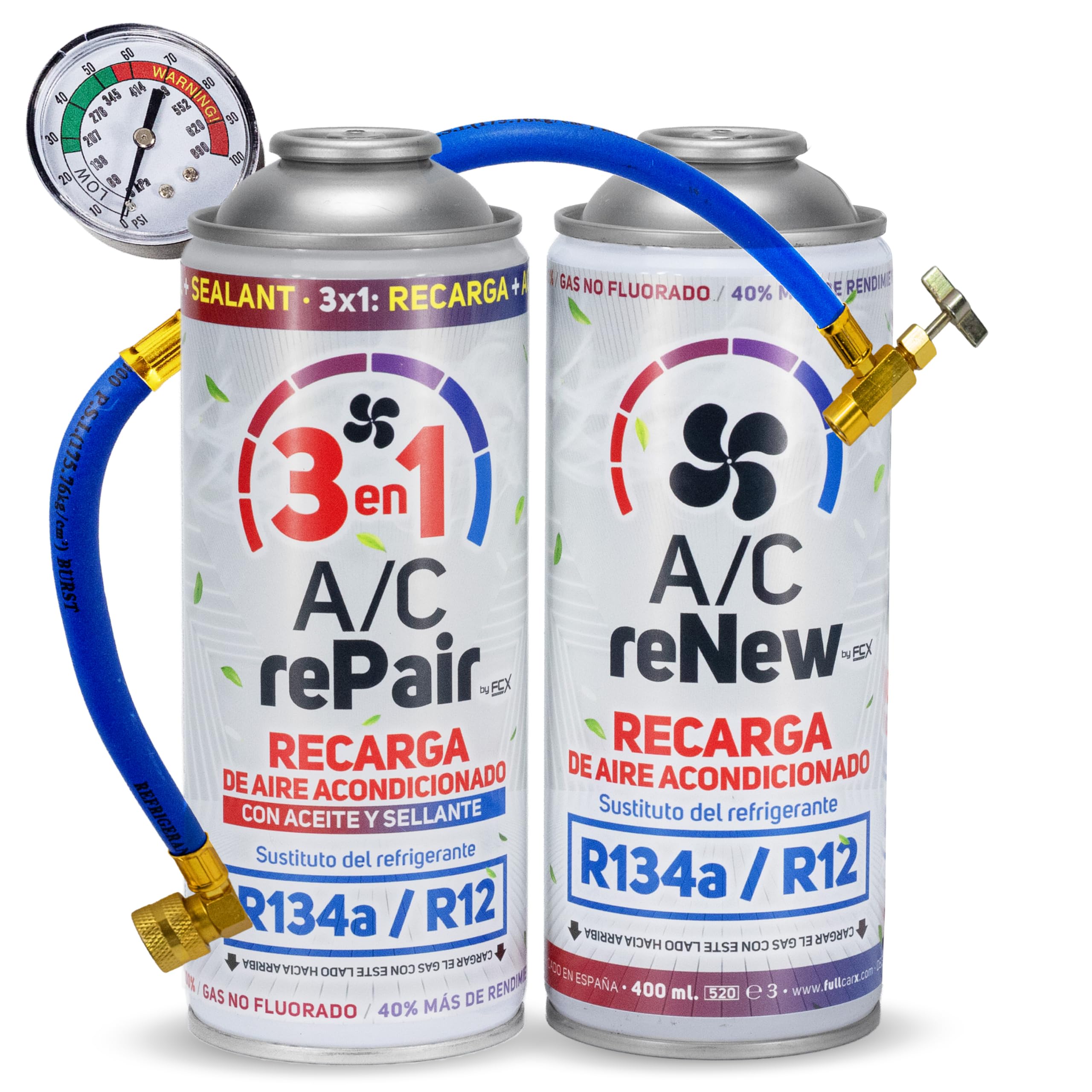 AC Complete Kit Recharge Air Conditioning Car with Oil Sealant Detector Leak Cover, Replacement Refrigerant Gas R134a R12, Pressure Gauge LP, Natural and Ecological Replacement Compatible Cars 1992-2016