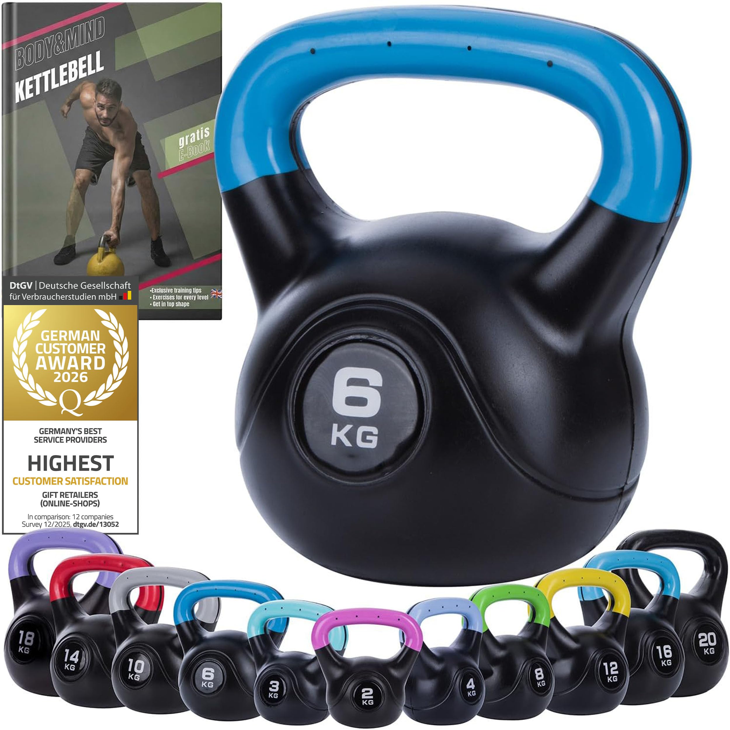 Body & Mind® Kettlebell Ball de plástico 2-20 kg - Pesa para entrenamiento de fuerza - Fitness profesional para balanceo (6Kg)
