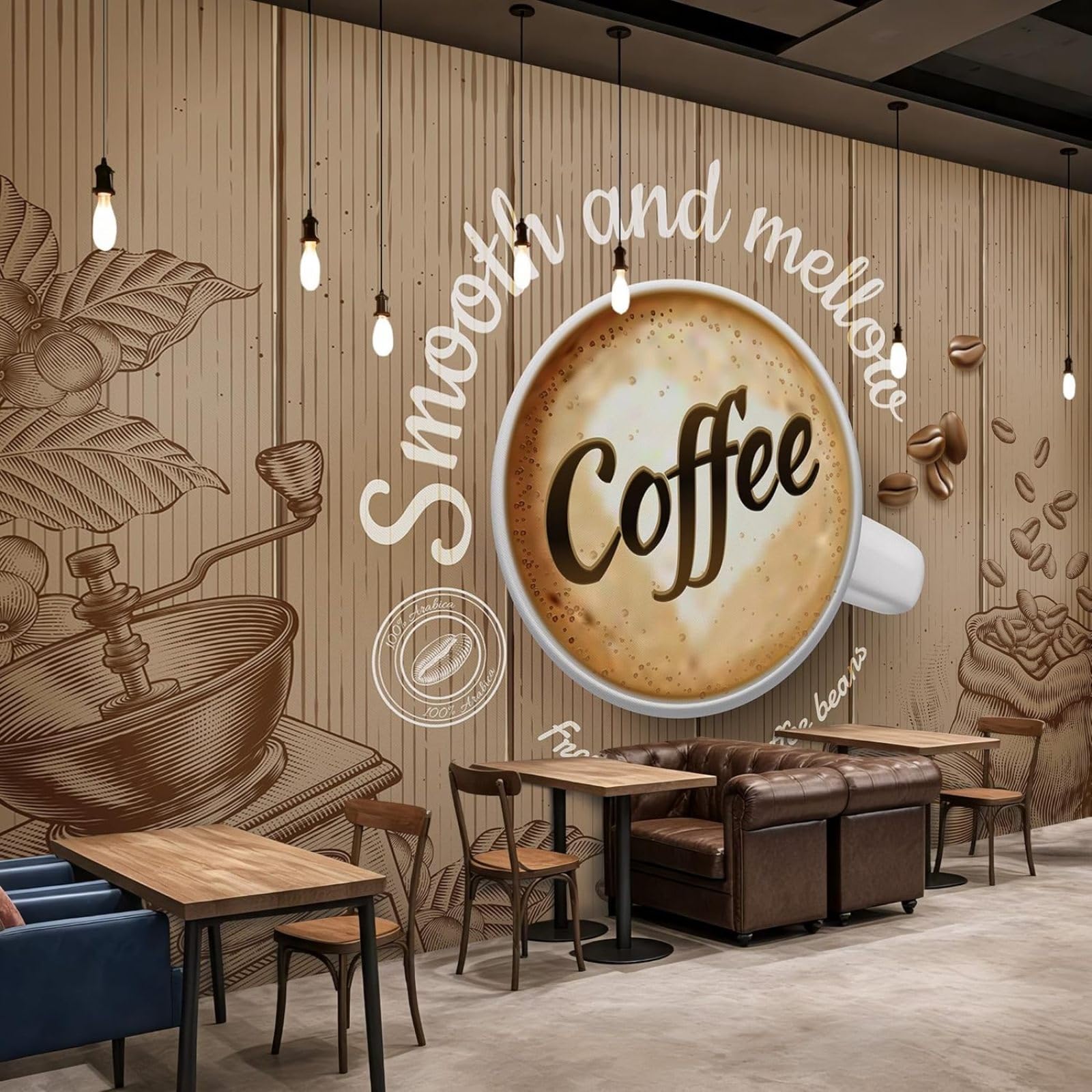 Kfjhgbdshhj 3D Mural Photo Wallpaper Coffee Wood Look Café Style Cup Beans Hand Mill Non-Woven Modern Living Room Bedroom Wall Decoration Motif Wallpaper,430Cmx300cm Wall Sticker - Background Wall - Painting - Poster