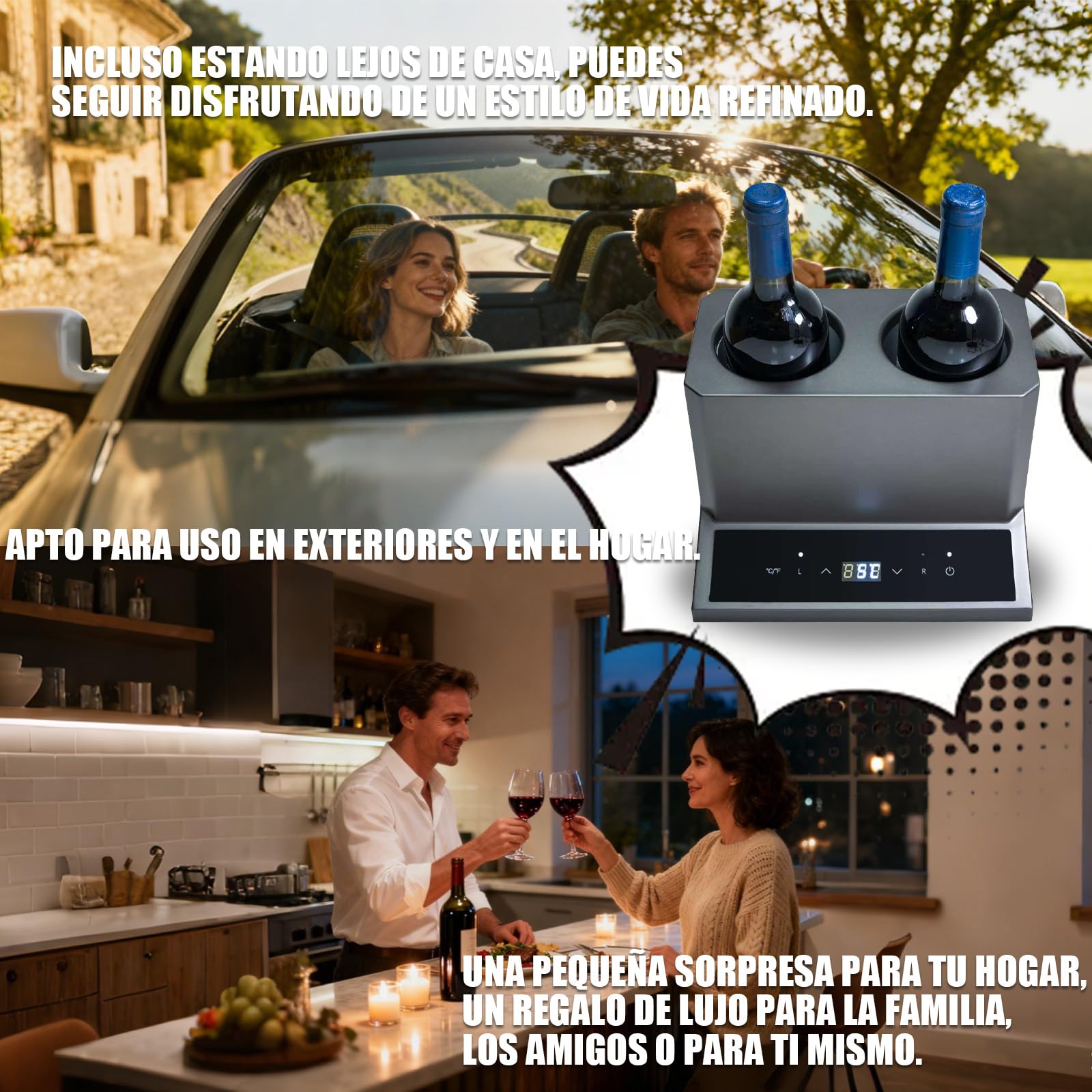 Enfriador de vino eléctrico de doble botella, enfriador de 2 botellas para vino y champán estándar de 750 ml, acero inoxidable con control táctil, refrigeración 24 horas para cocina, bar, fiesta