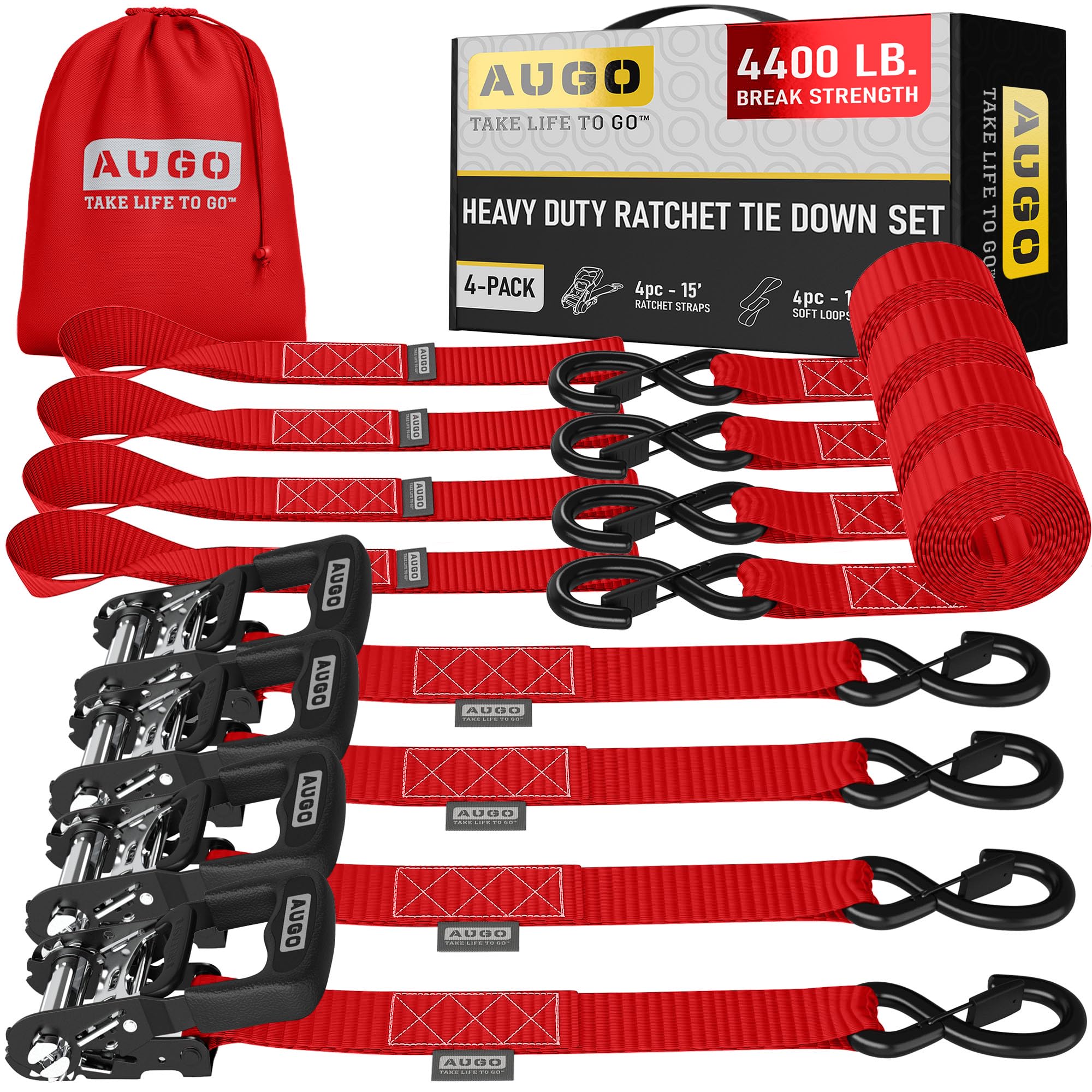 AUGO Ratchet Straps Heavy Duty 4 Pack -15 FT - 2200 LB Break Strength – with Safety Lock S Hooks - Cargo Straps for Moving, Appliances, Motorcycle – Soft Loop Tie Down Straps — view 20