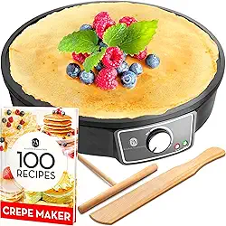 Máquina de fazer crepe, chapa de panqueca – chapa elétrica antiaderente de 30,5 cm – máquina de panqueca, espalhador de massa, espátula de madeira – panela de crepe para roti, tortilha, blintzes – portátil, compacta, fácil de limpar