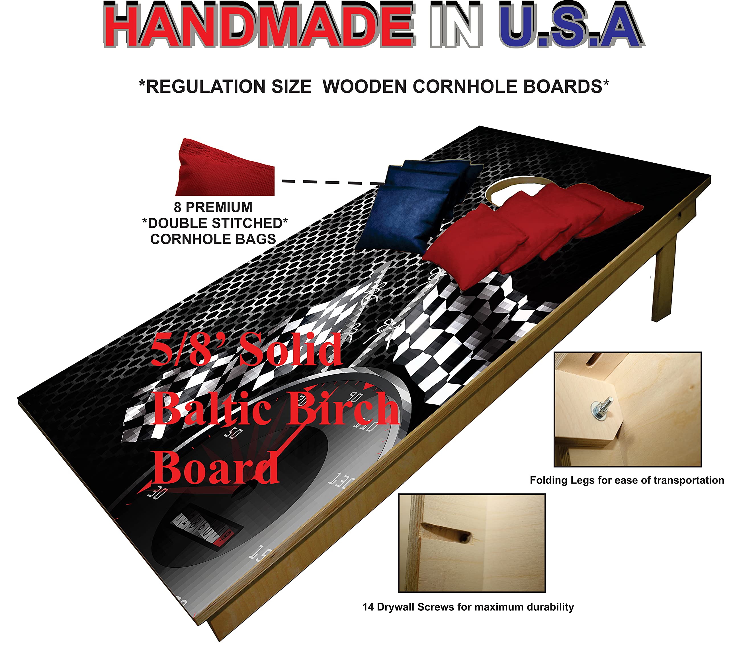 Cornhole Set -Checkered Flag Race Tailgate Cornhole Boards w Set of 8 Cornhole Bags!697