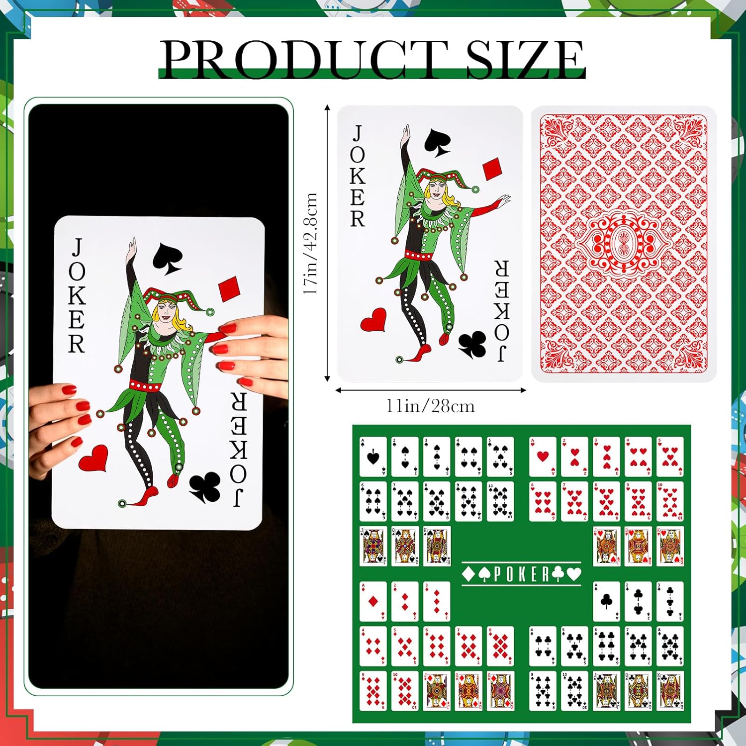 Cholemy Jumbo Giant Playing Cards 11 x 17 Inch Super Large Poker Deck, Oversized Game Theme Cards for Casino Party Decorations, Extra Big Size(Red)