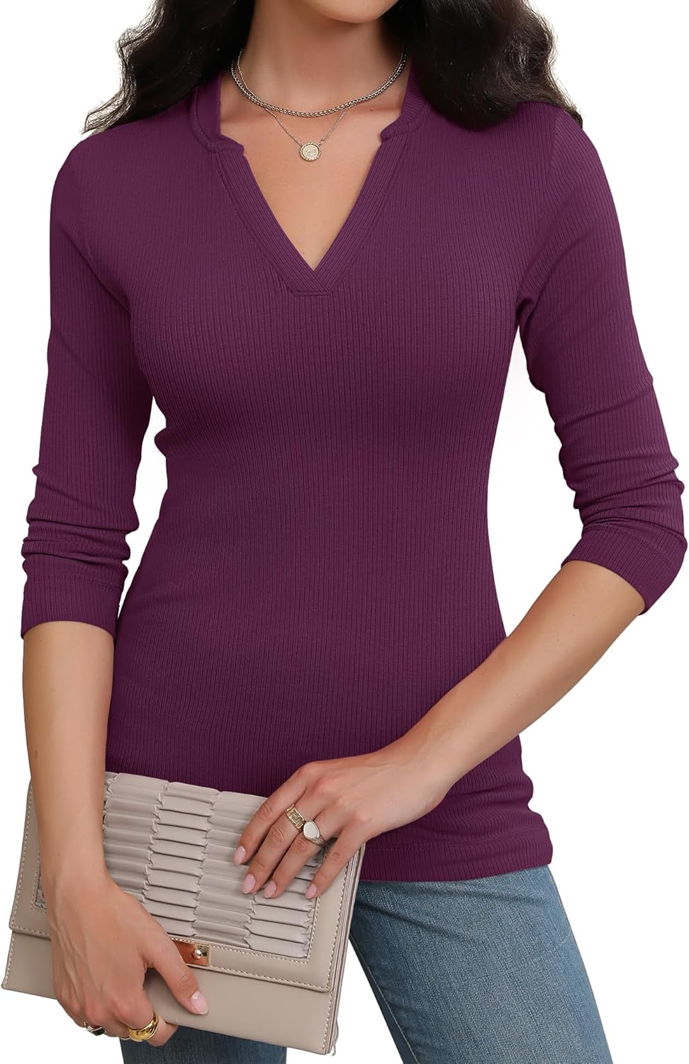 Prettywear Women 3/4 Length Sleeve Shirts V Neck Fitted Business Casual Work Tops 2025 Elegant Ribbed Tunic Blouses