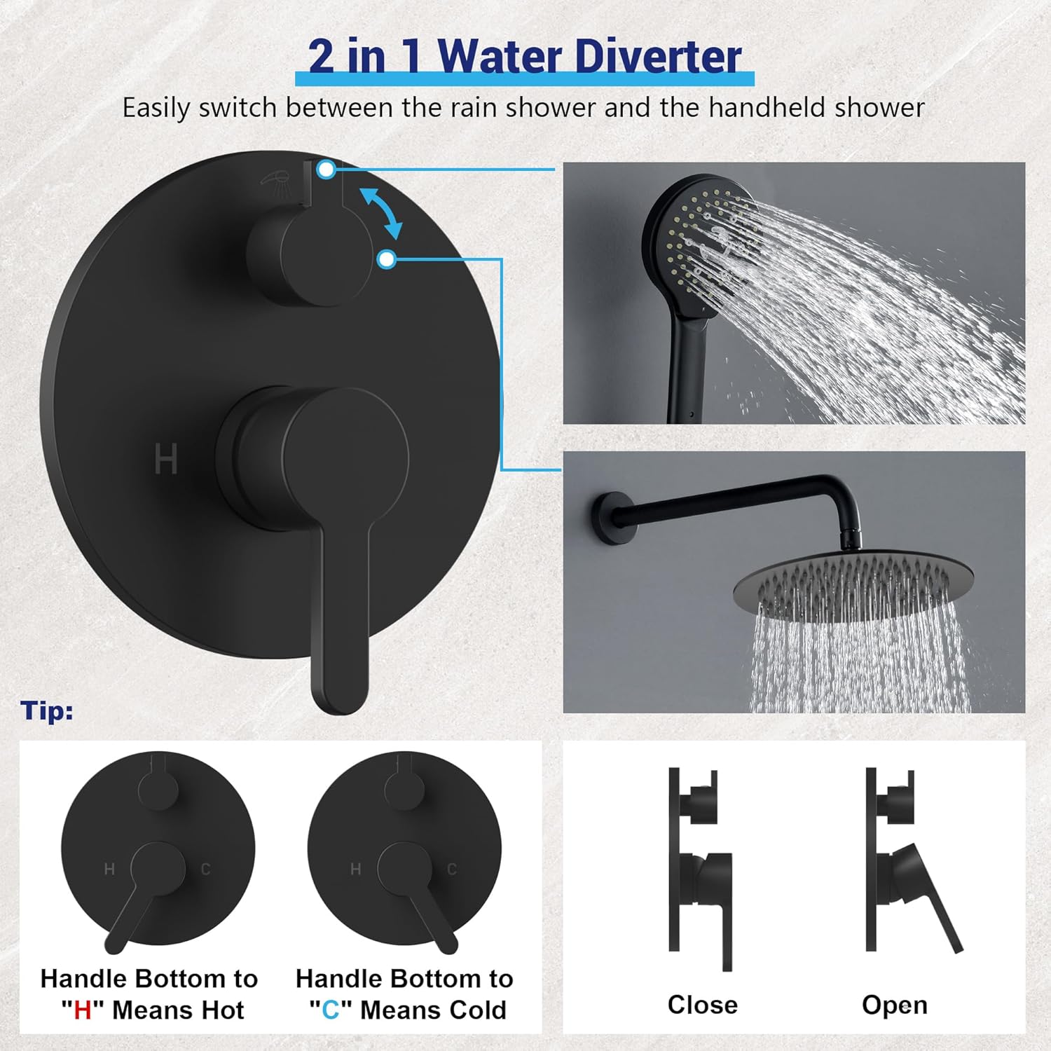 Matte Black Shower Faucet Set, Wall Mount Rain Shower System 10 Inches Shower Head and Shower Handheld, Included Pressure Balance Valve and Trim Kit