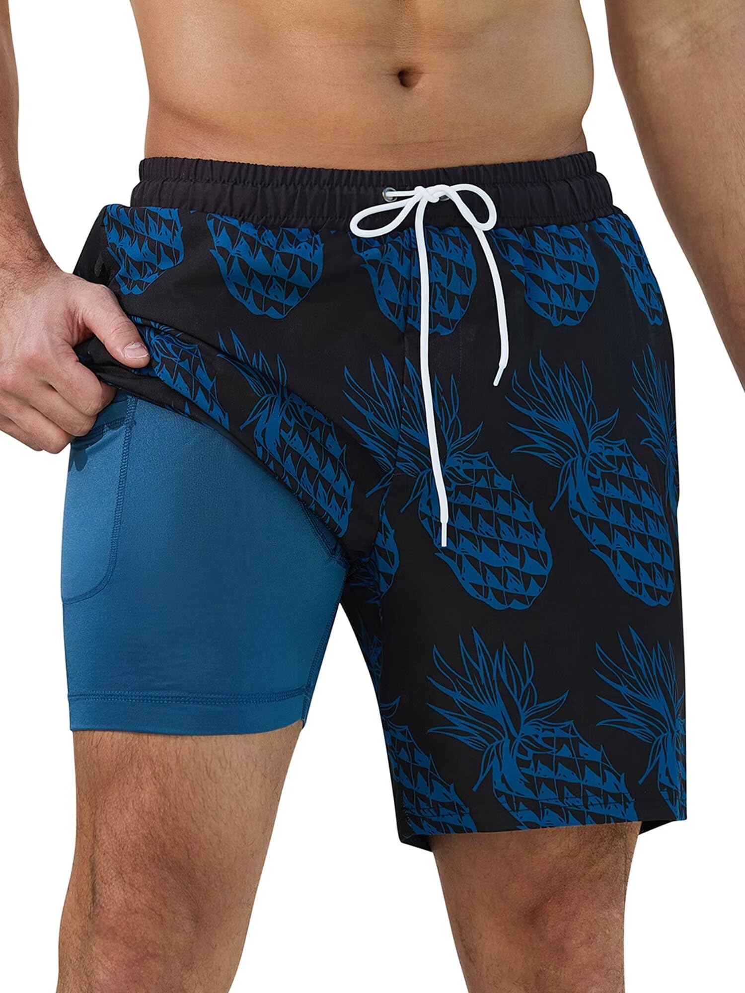 SILKWORLD Mens Swim Trunks Quick Dry Swimming Shorts with Compression Liner and Zipper Pockets