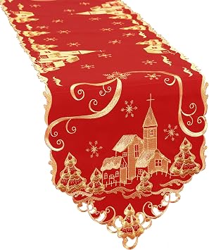 Embroidered Red Table Runners for Christmas Holidays and Winter, a Charming Village in Snowing Winter Night 15 x 69 inches